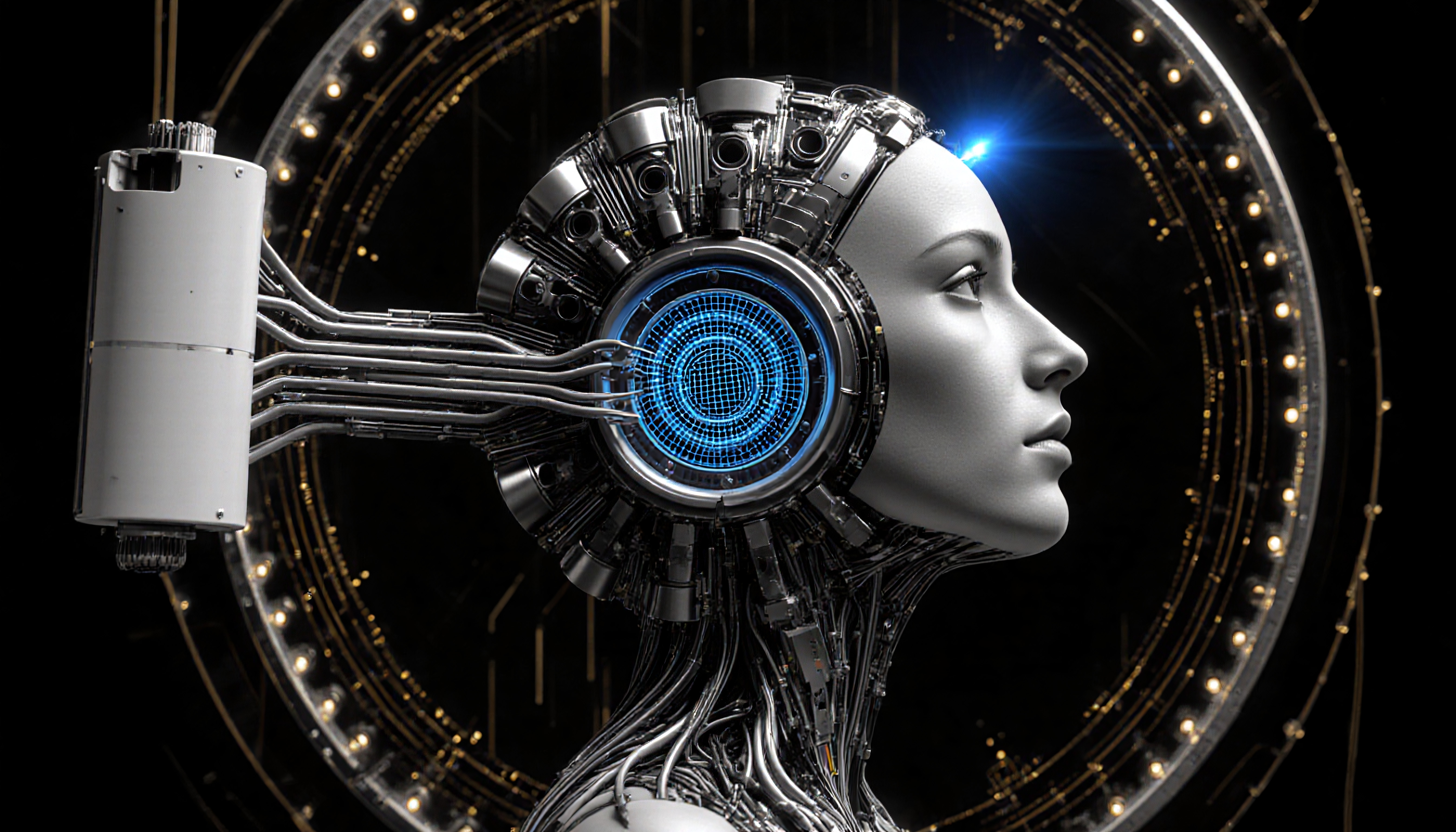 A futuristic android with a digital display on its head, surrounded by glowing lights, showcasing advanced technology and robotics.