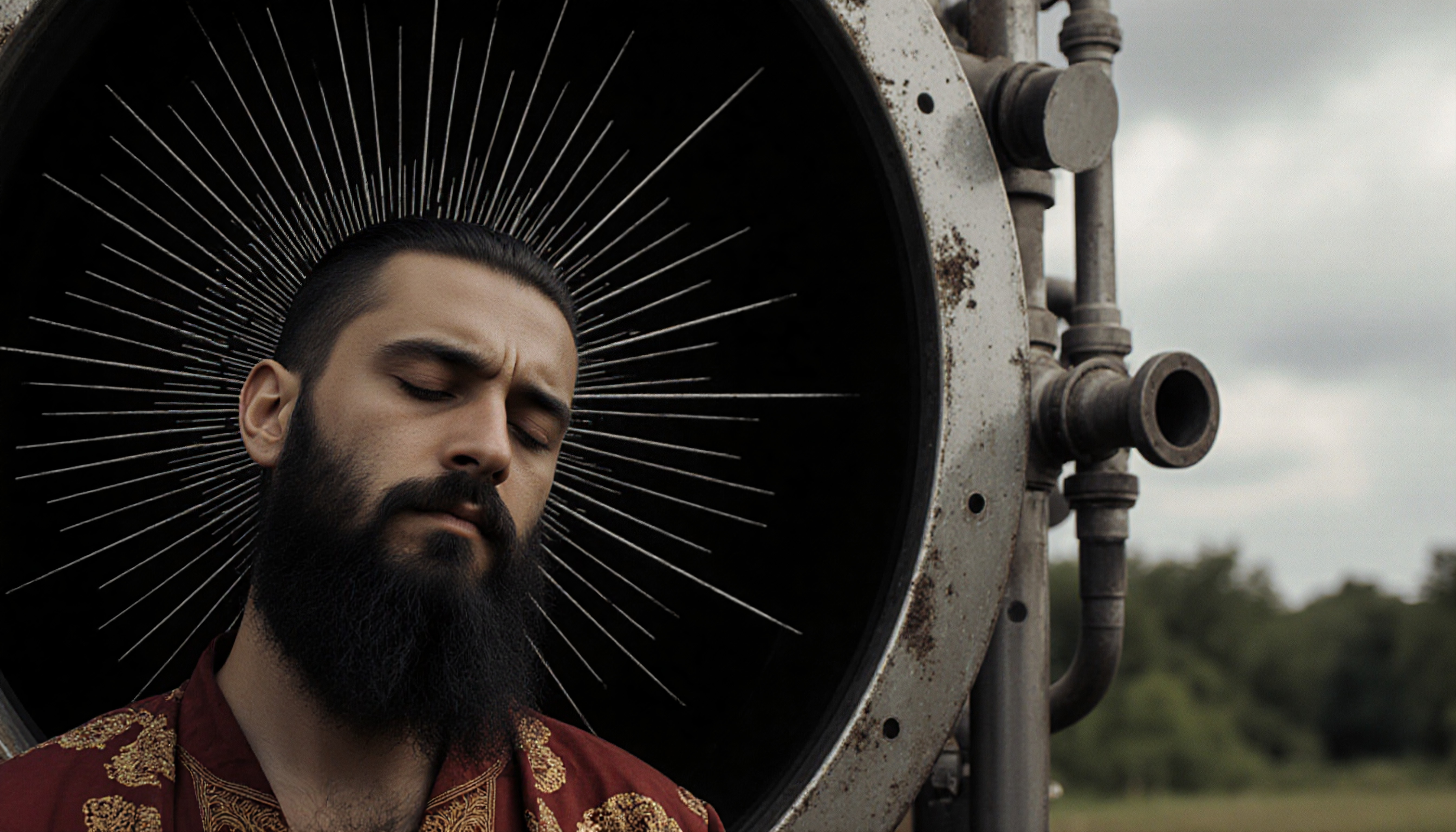 Portrait of a Bearded Man with Sunburst Effect and Industrial Ba