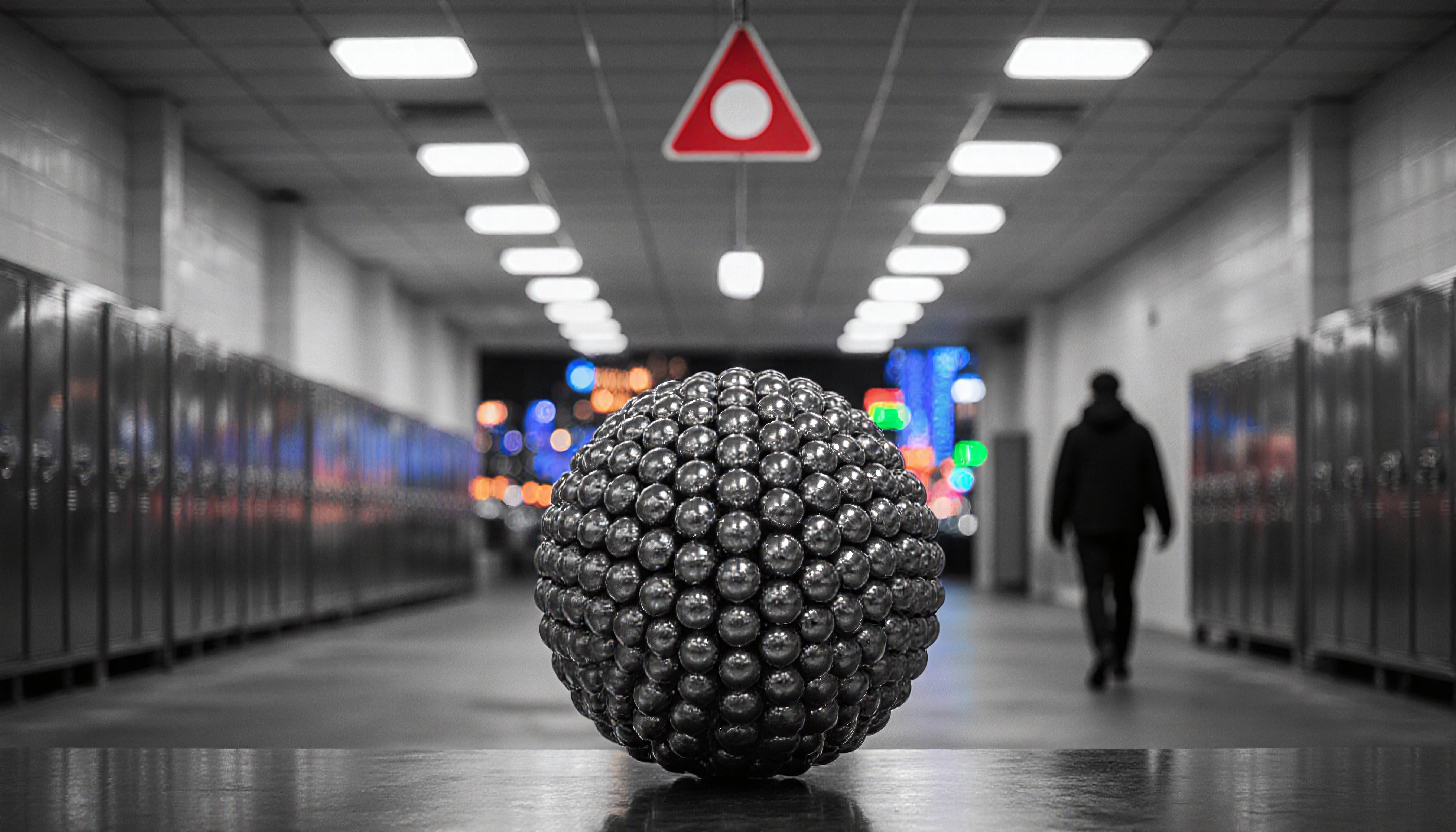 A spherical object in a corridor with lockers, blurred background, and overhead lights.