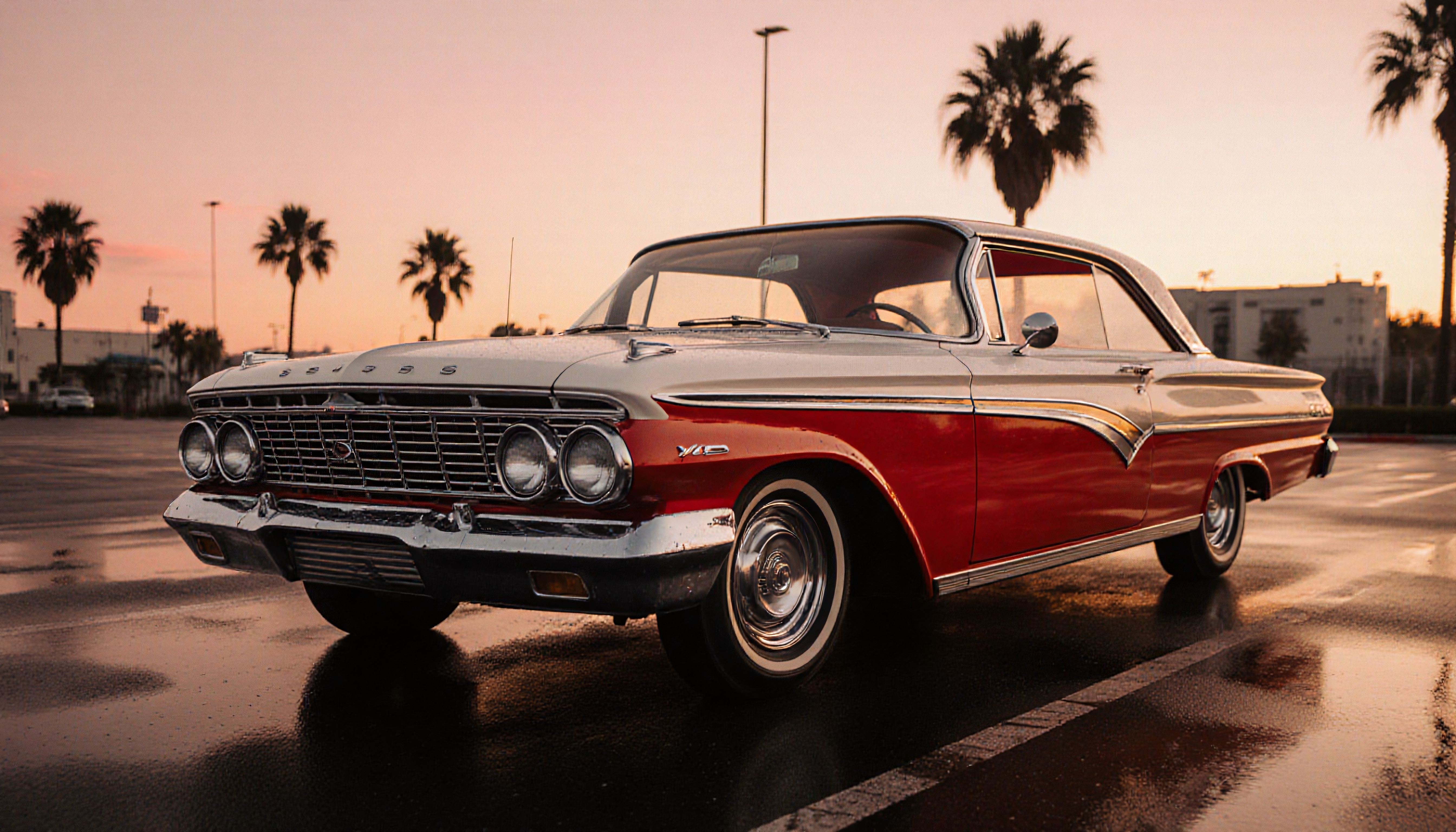 A classic red and white vintage car parked in a sunlit lot with palm trees in the background.