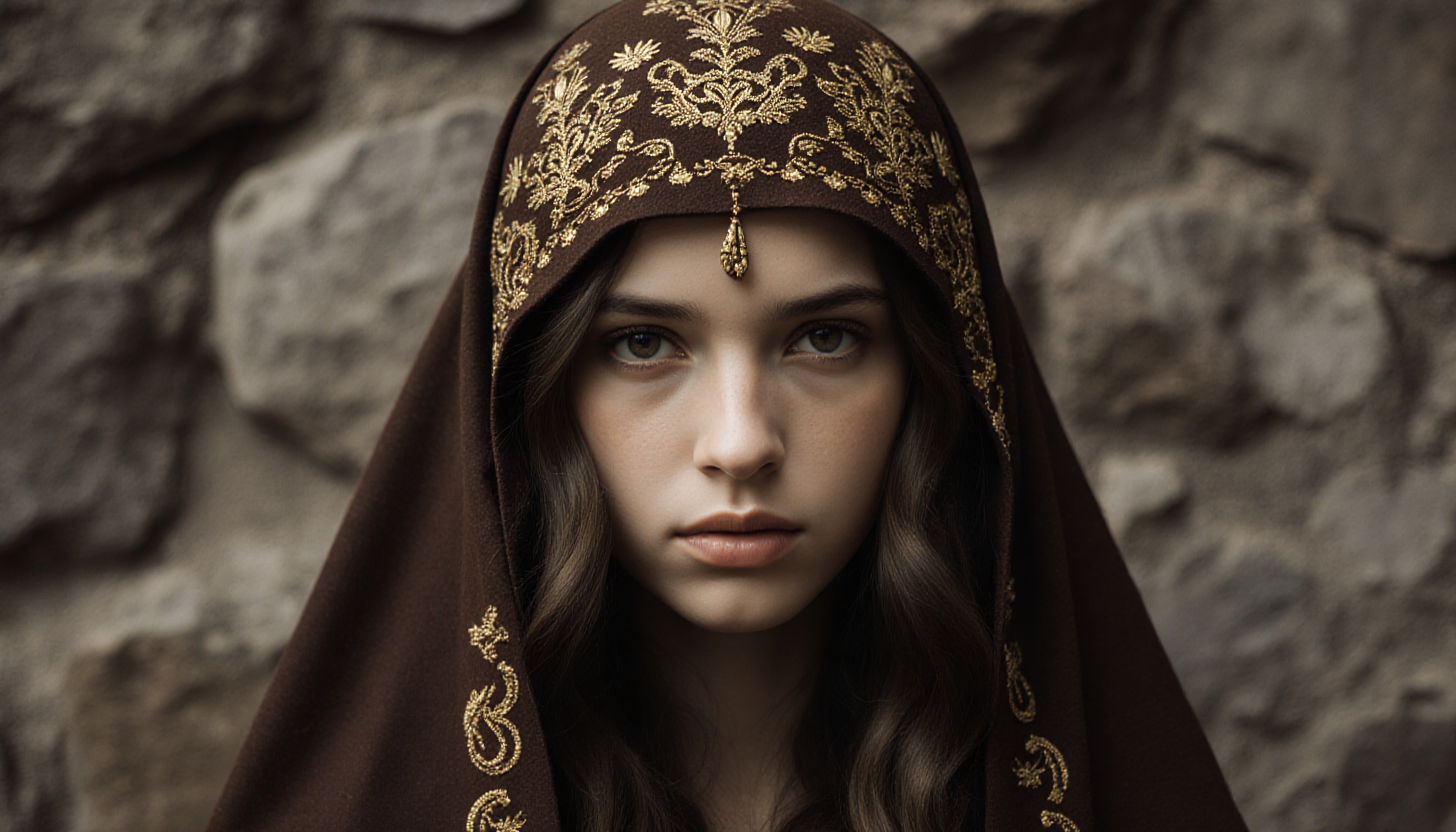 Medieval woman wearing brown embroidered headscarf with gold designs against stone wall background