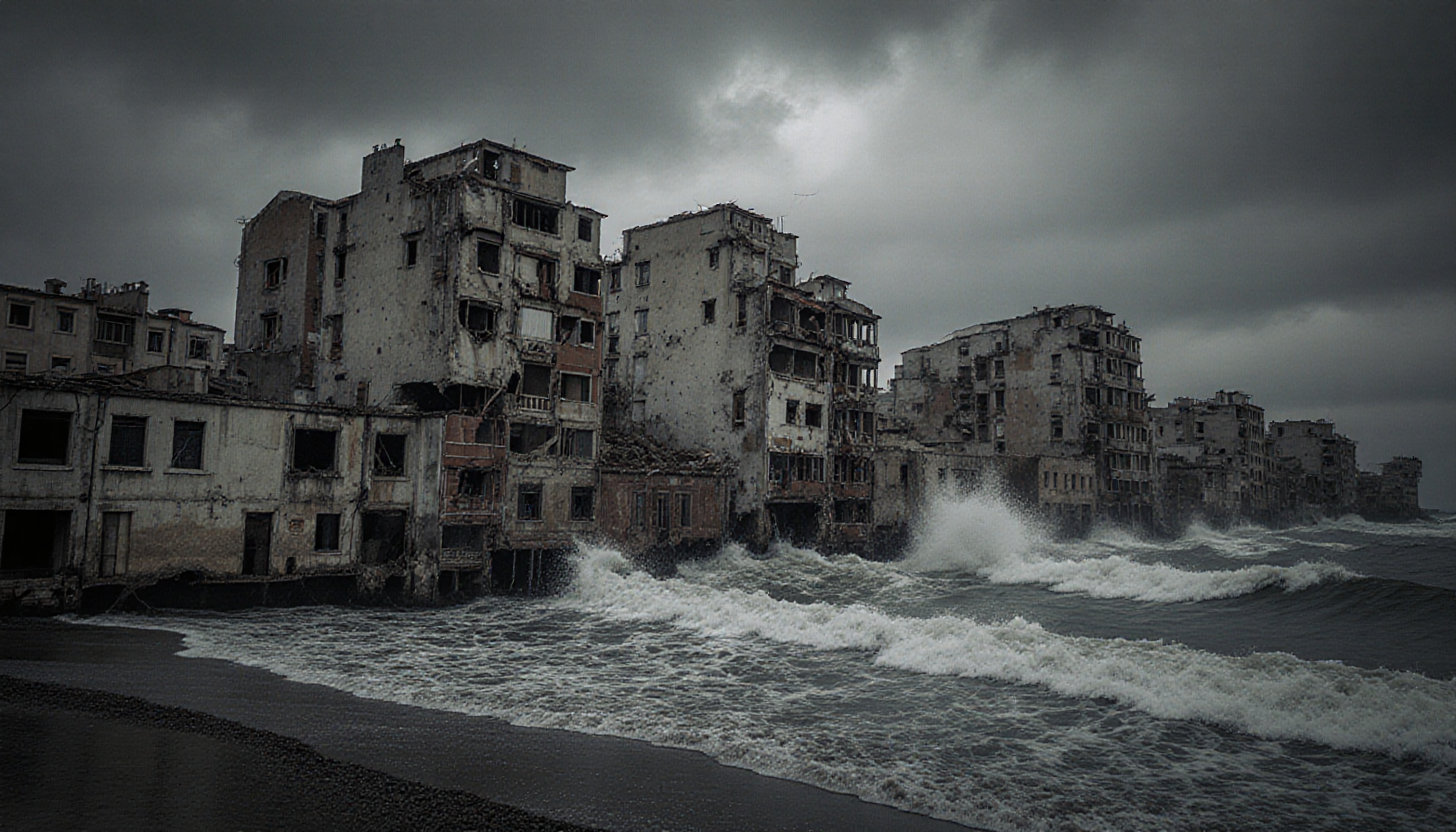 An ominous scene of abandoned, crumbling buildings by a stormy sea.