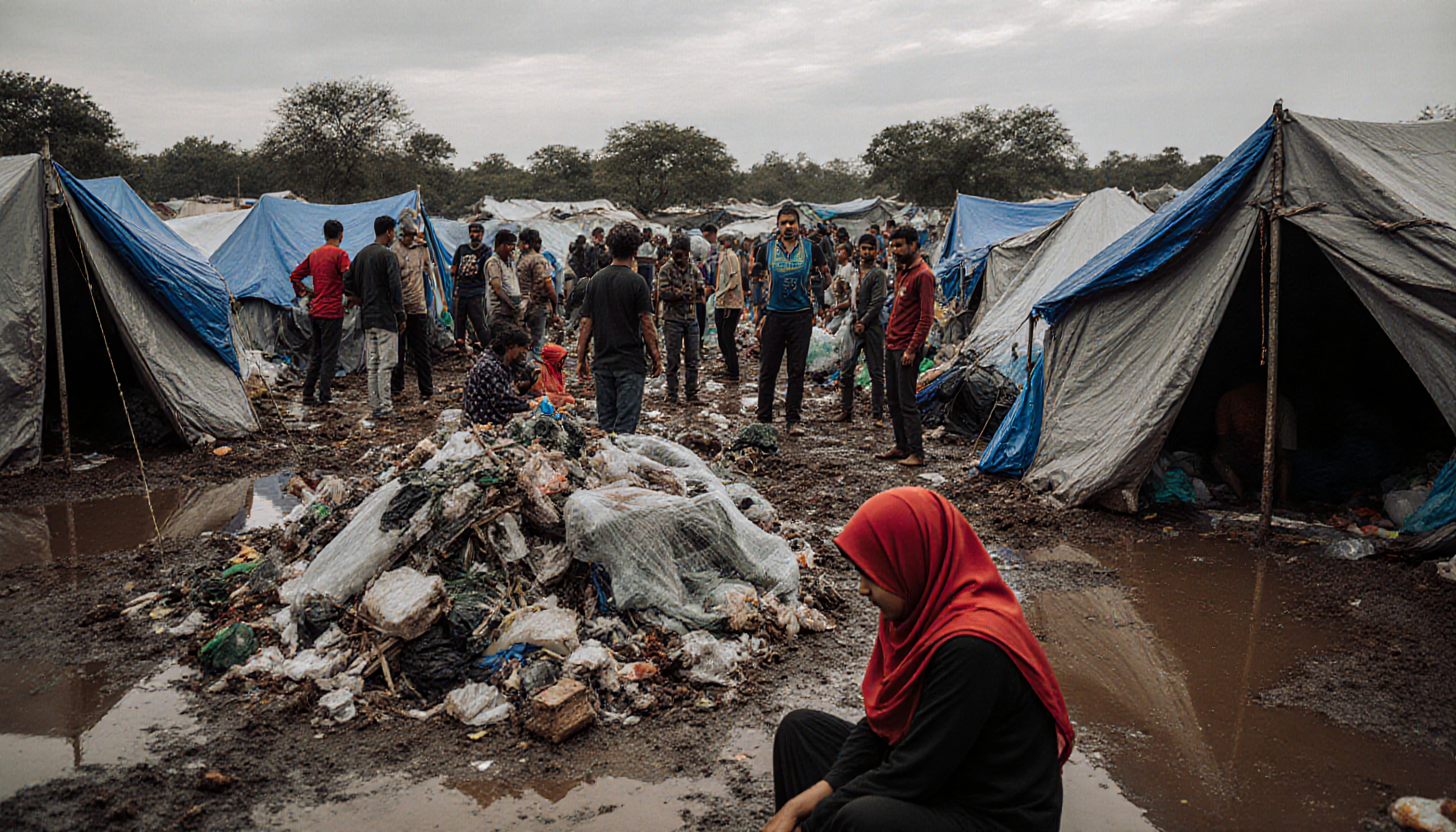 Refugee Camp with Tents, Garbage Piles, and People in Muddy Area