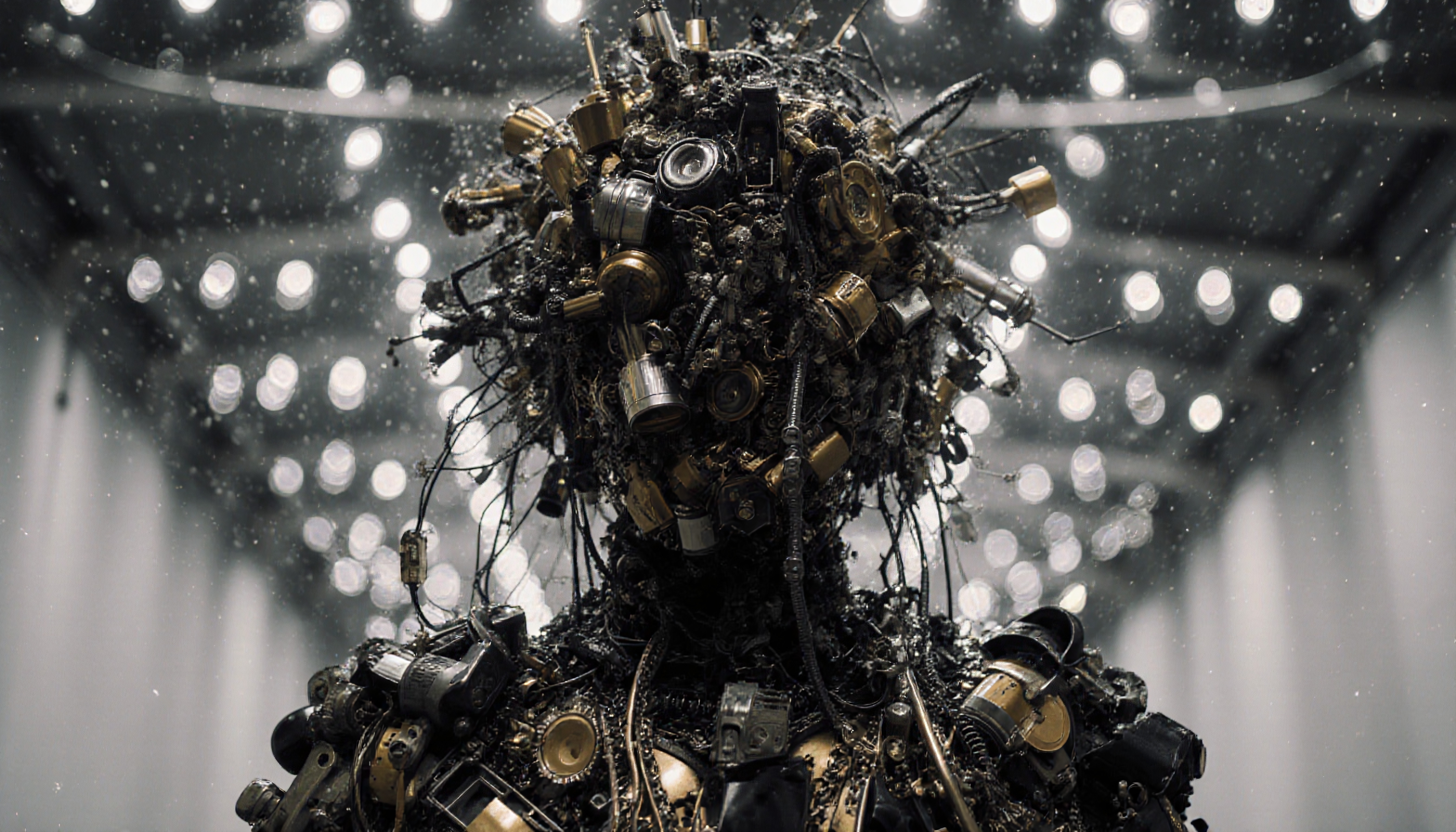 Intricate humanoid sculpture of gears and wires in dim light.