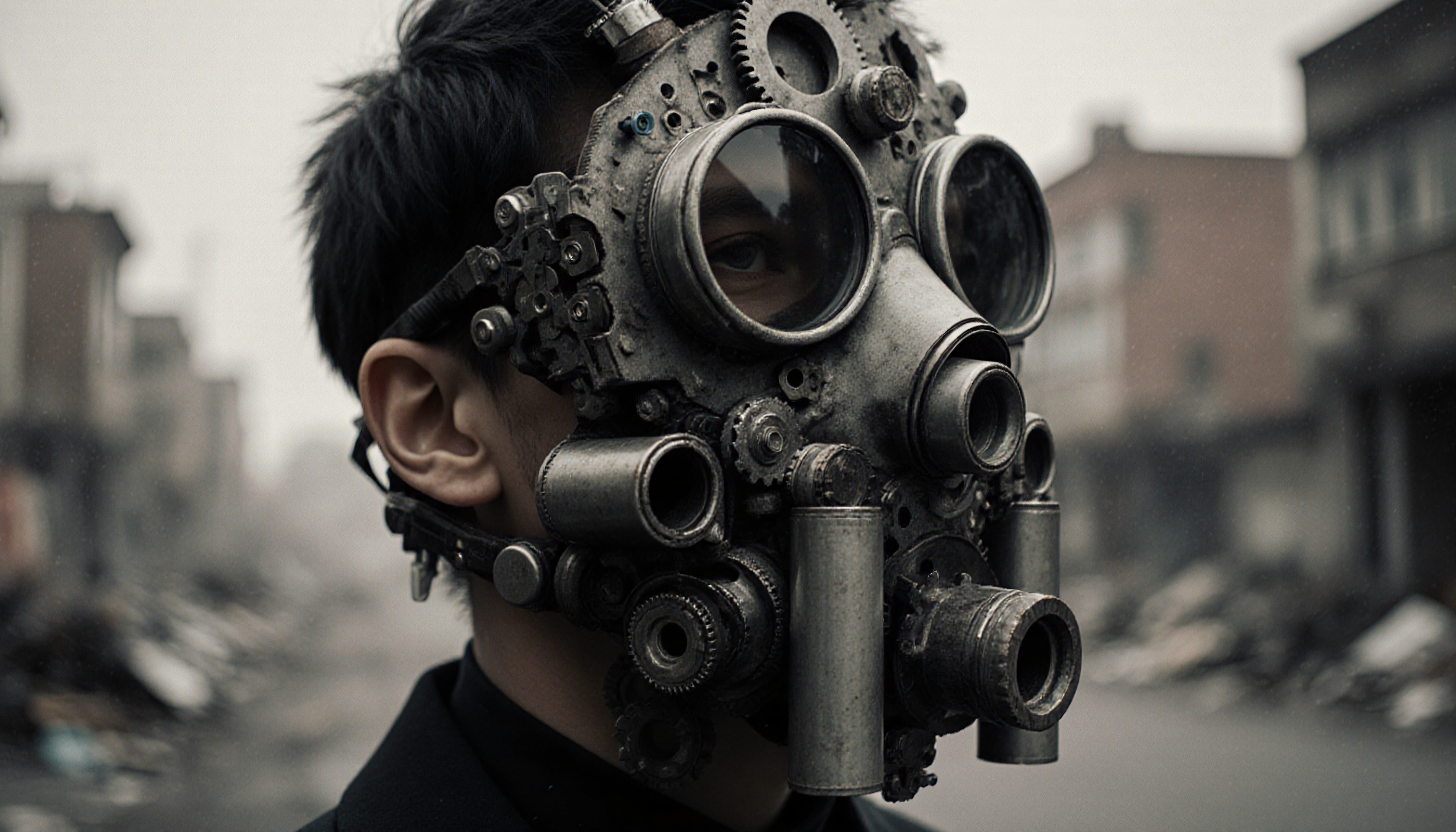 A person wearing a steampunk gas mask with intricate metallic details in a dystopian urban setting.