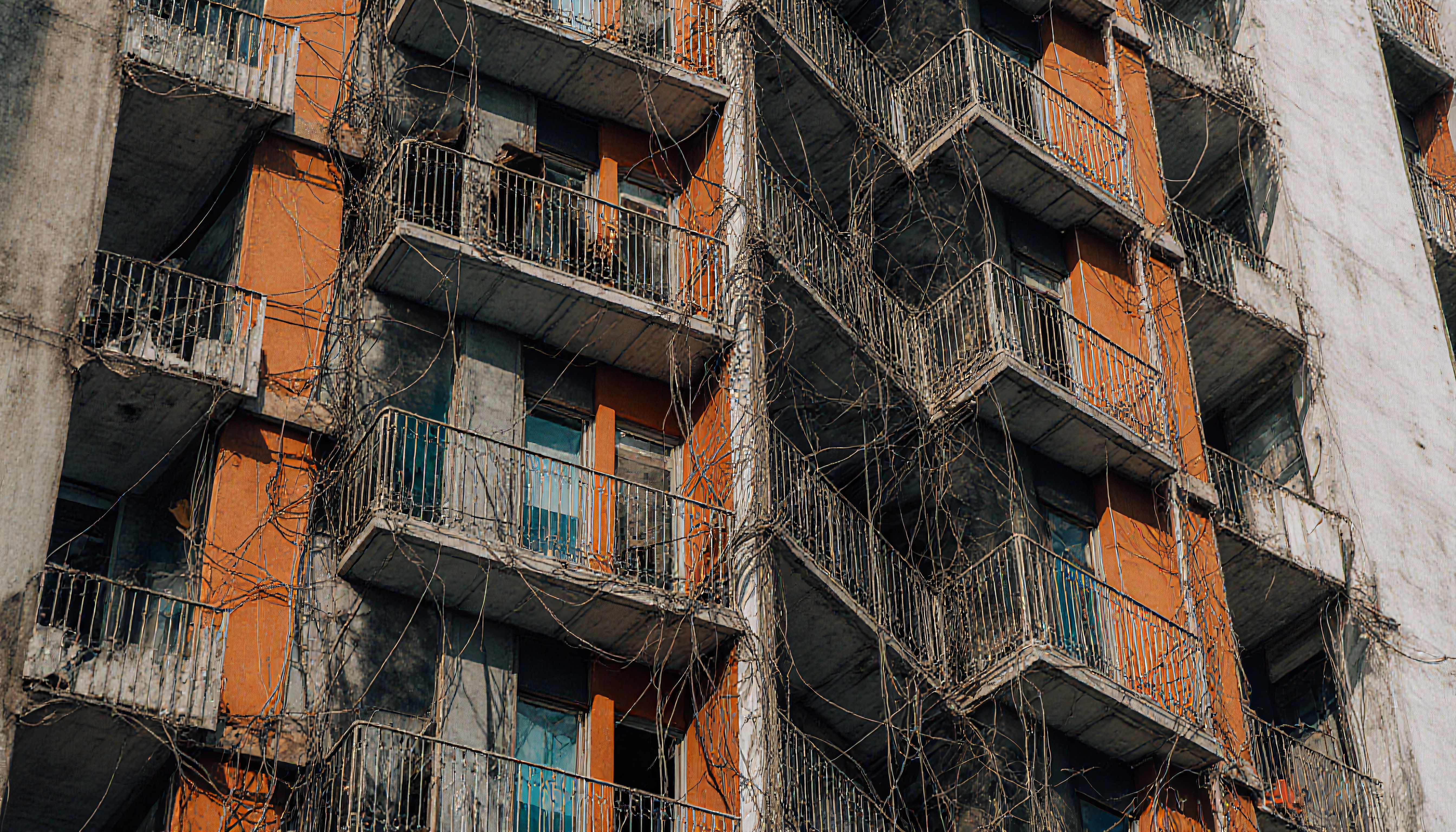 Abandoned residential building with overgrown vines on balconies