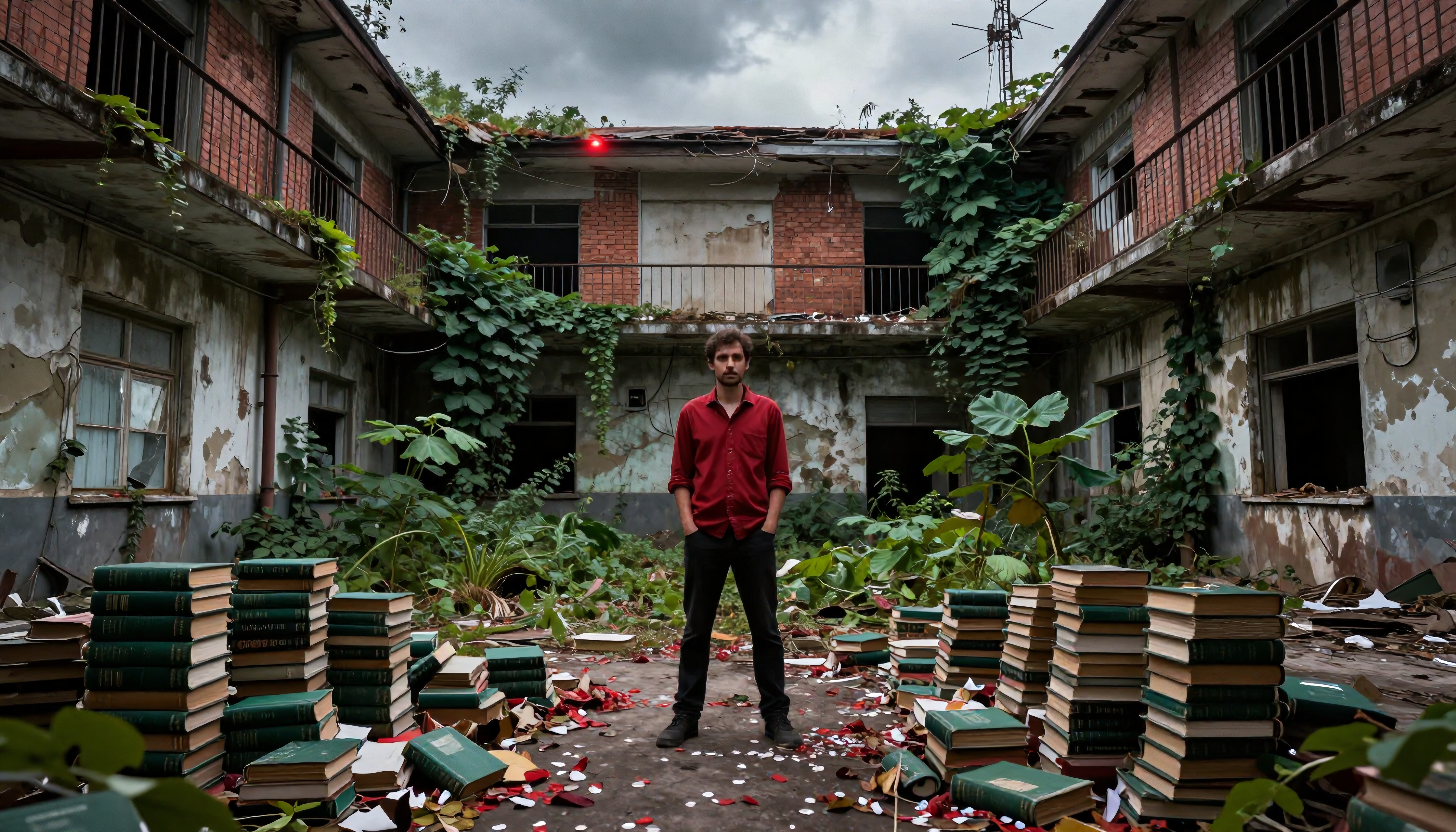 A man in a red shirt stands amidst overgrown vegetation and book stacks in a dilapidated courtyard.