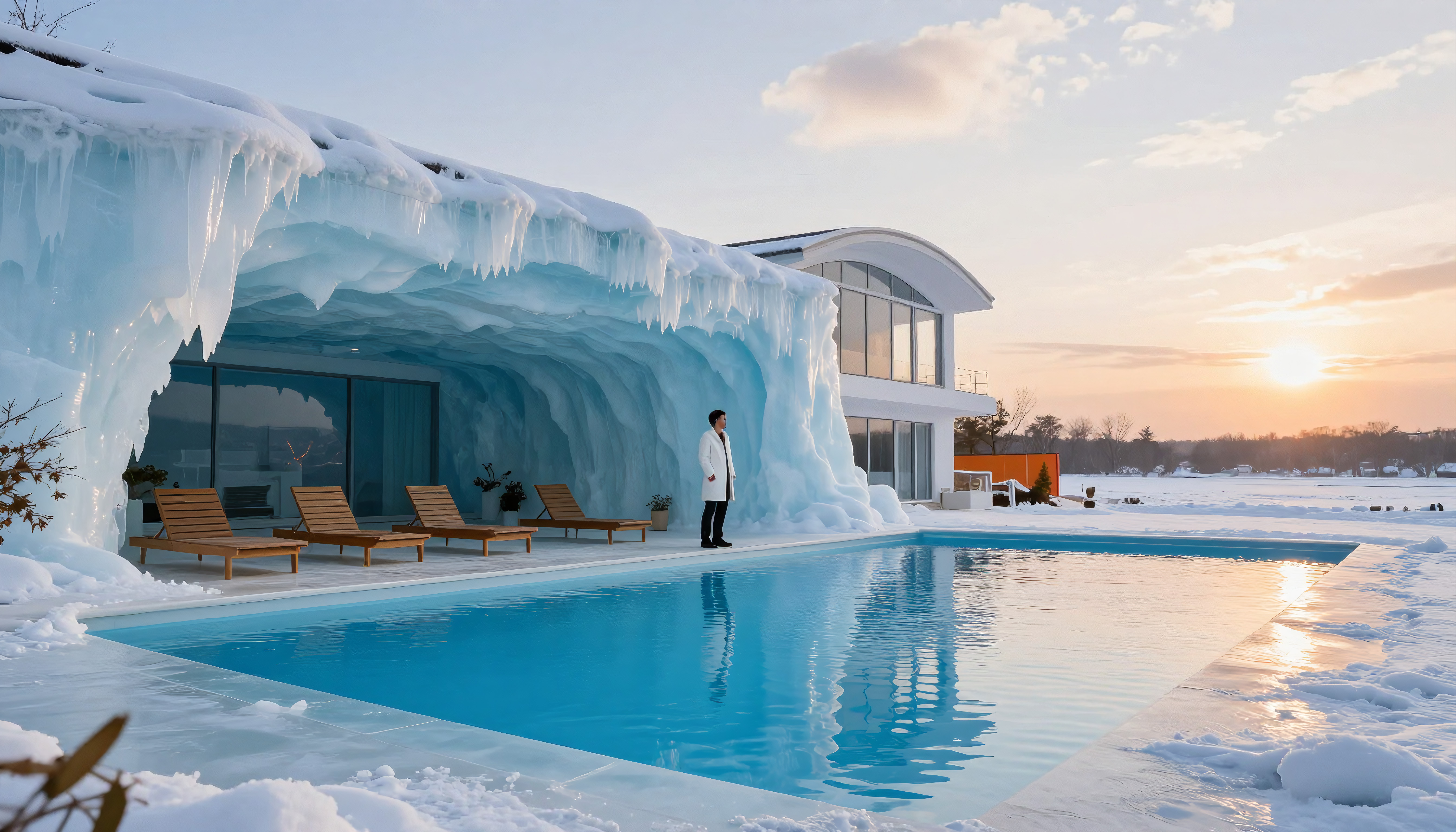 Modern Ice House with Snow-Covered Pool at Sunset