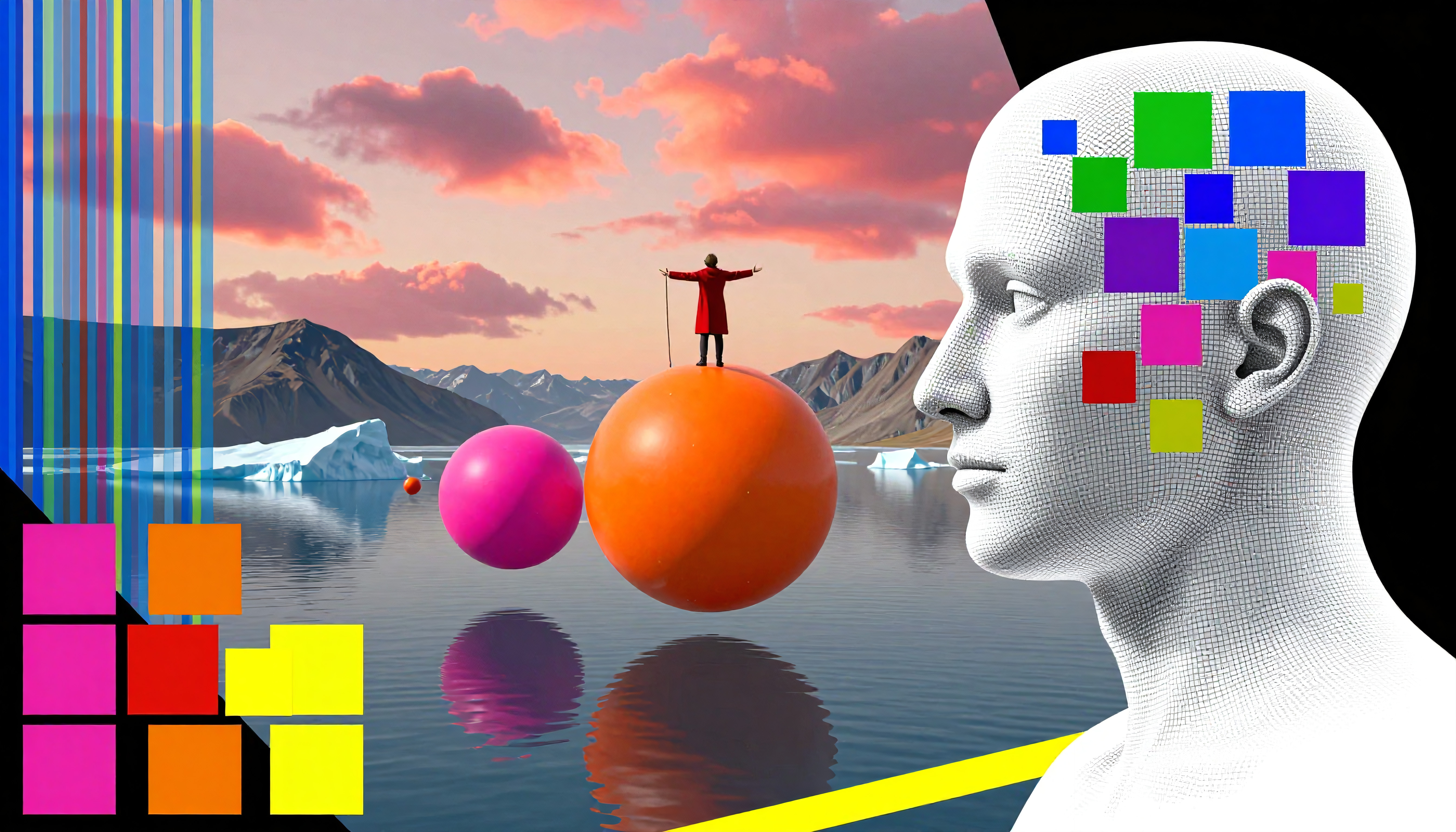 Surreal Mind Landscape with Geometric Elements and Floating Sphe