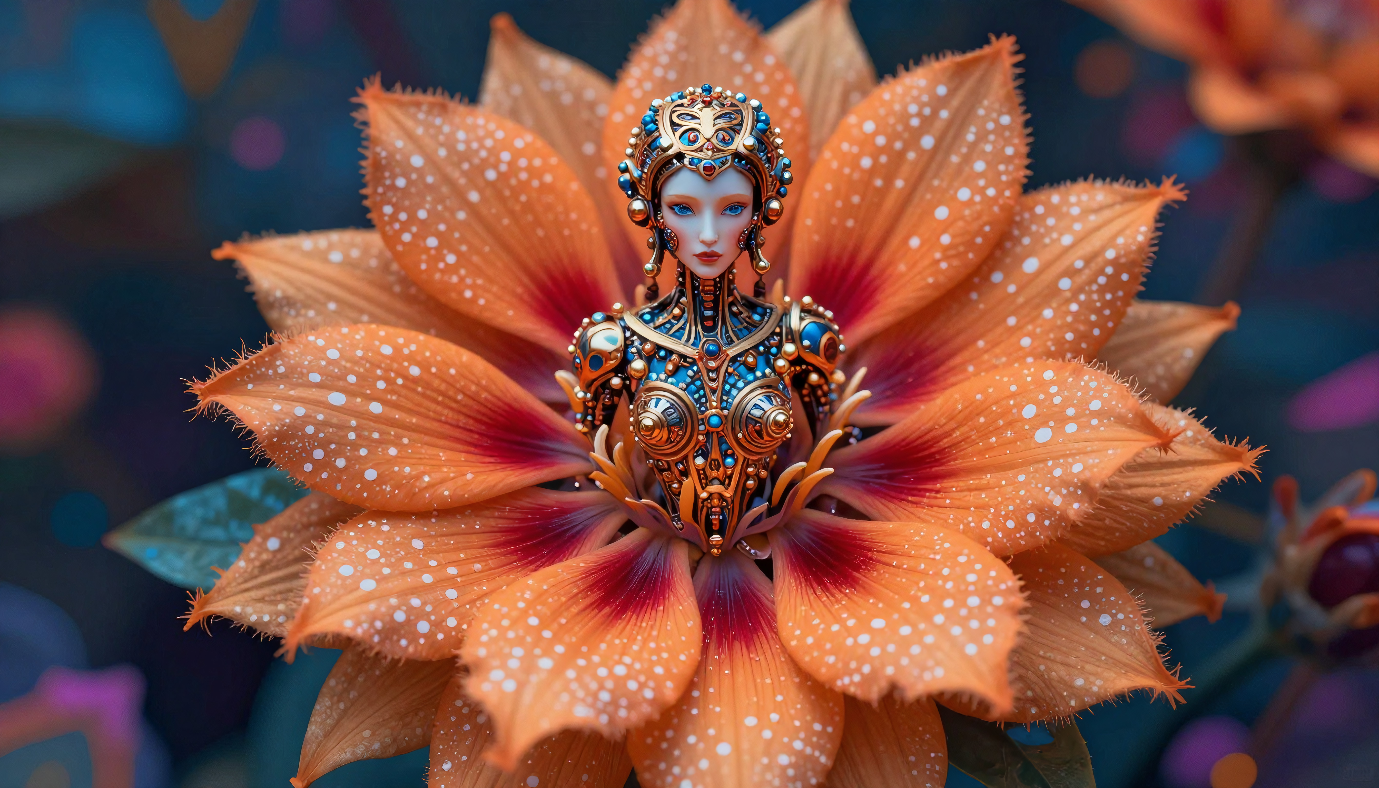 Bust of an Adorned Woman Emerging from a Tropical Orange Flower