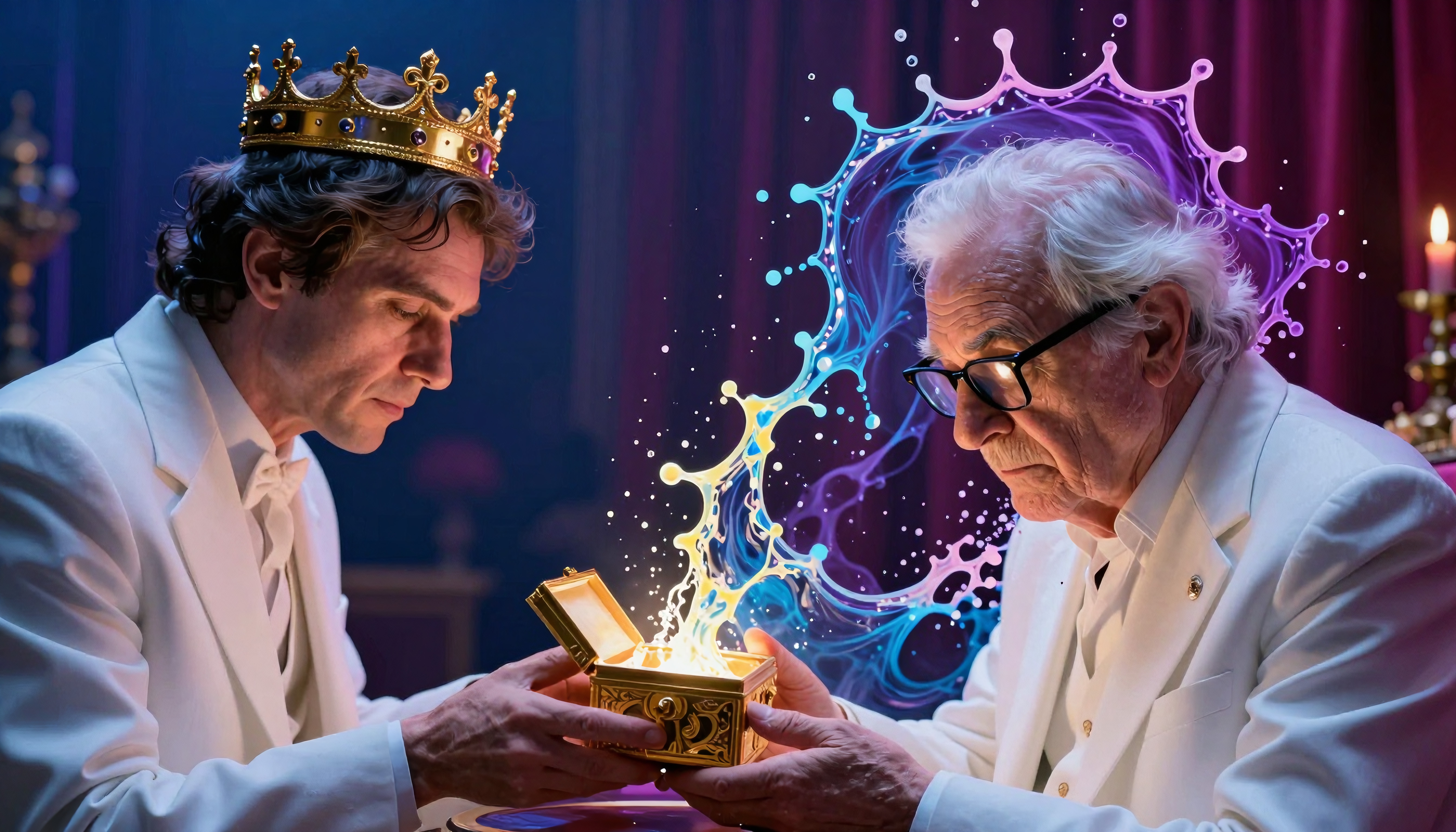 Two men in white suits sharing an ornate chest emitting vibrant energy streams in a dimly lit room.