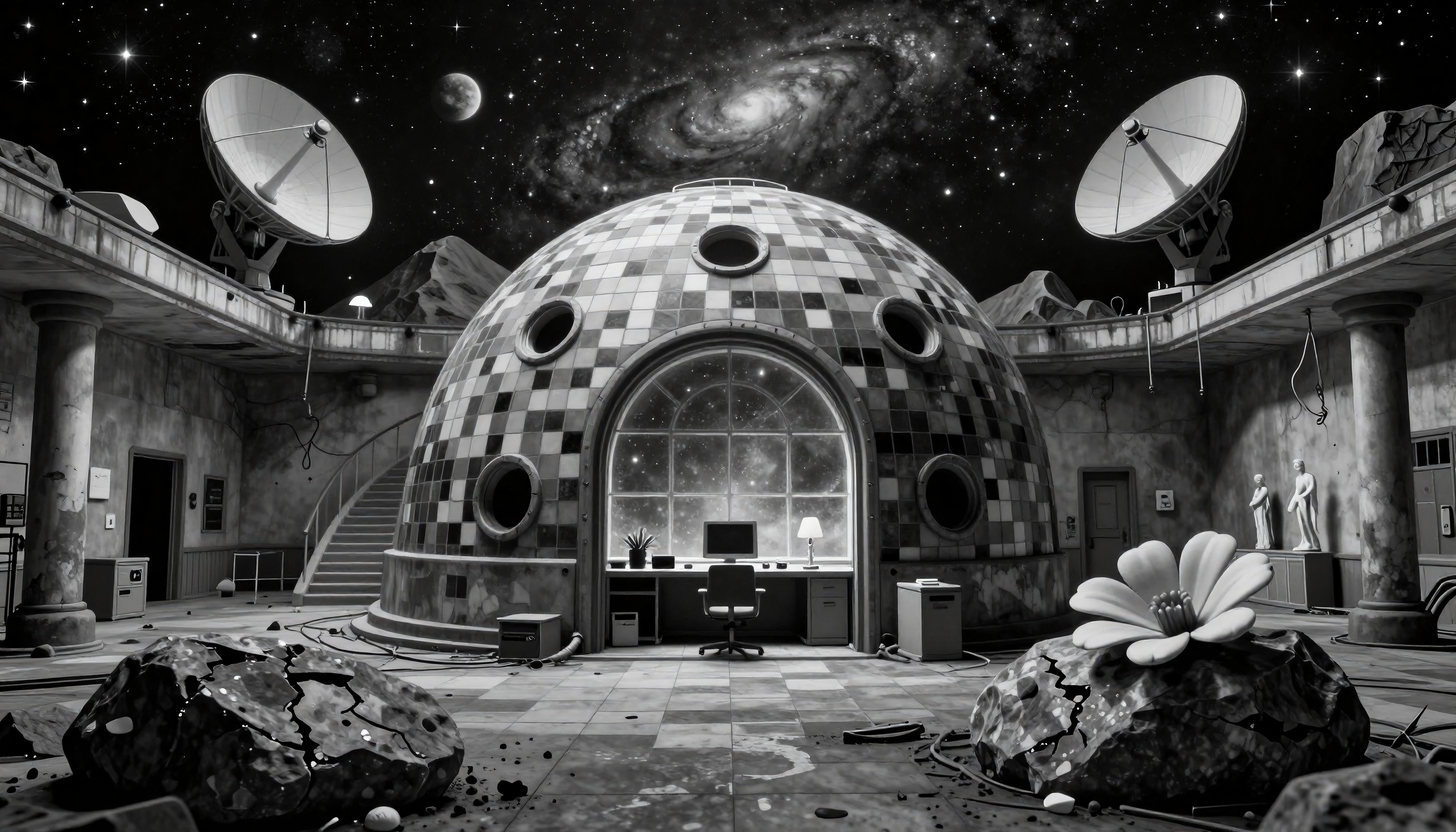 Monochrome Sci-Fi Dome Interior with Satellite Dishes and Galact