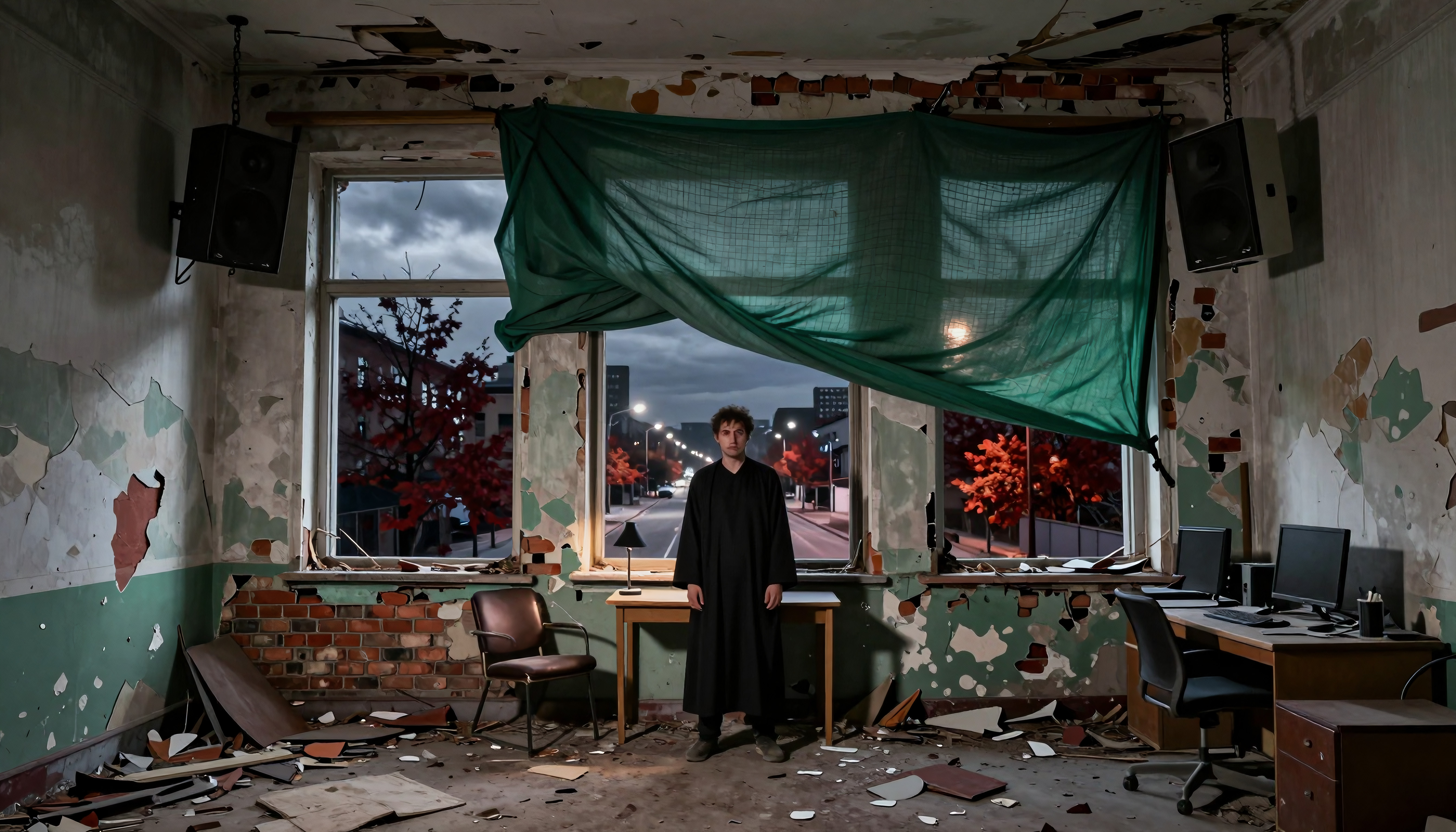 Person in Black Robe Standing in Abandoned Office with Green Cur