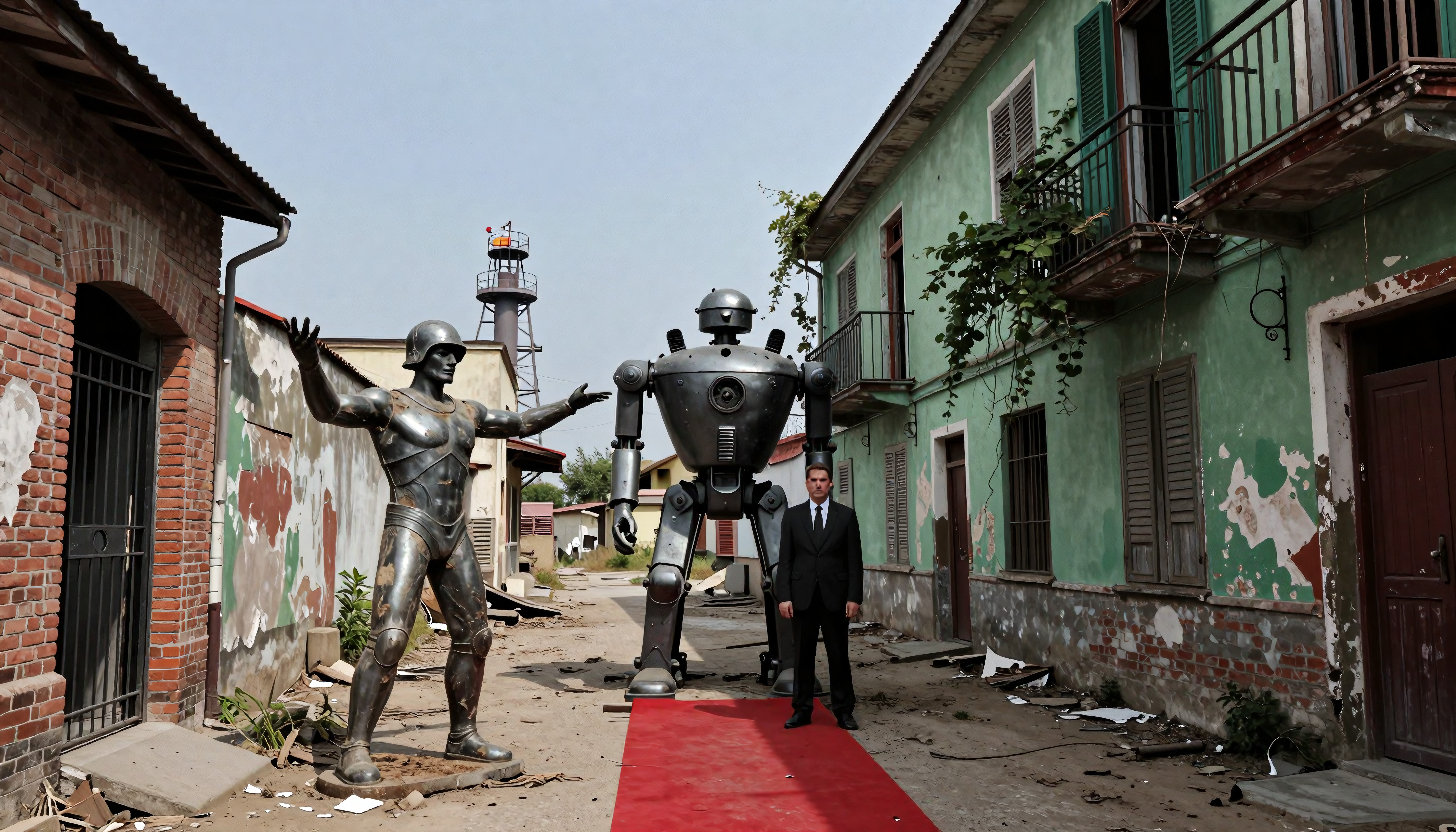 Futuristic Robotic Figures and Man in Dilapidated European Street
