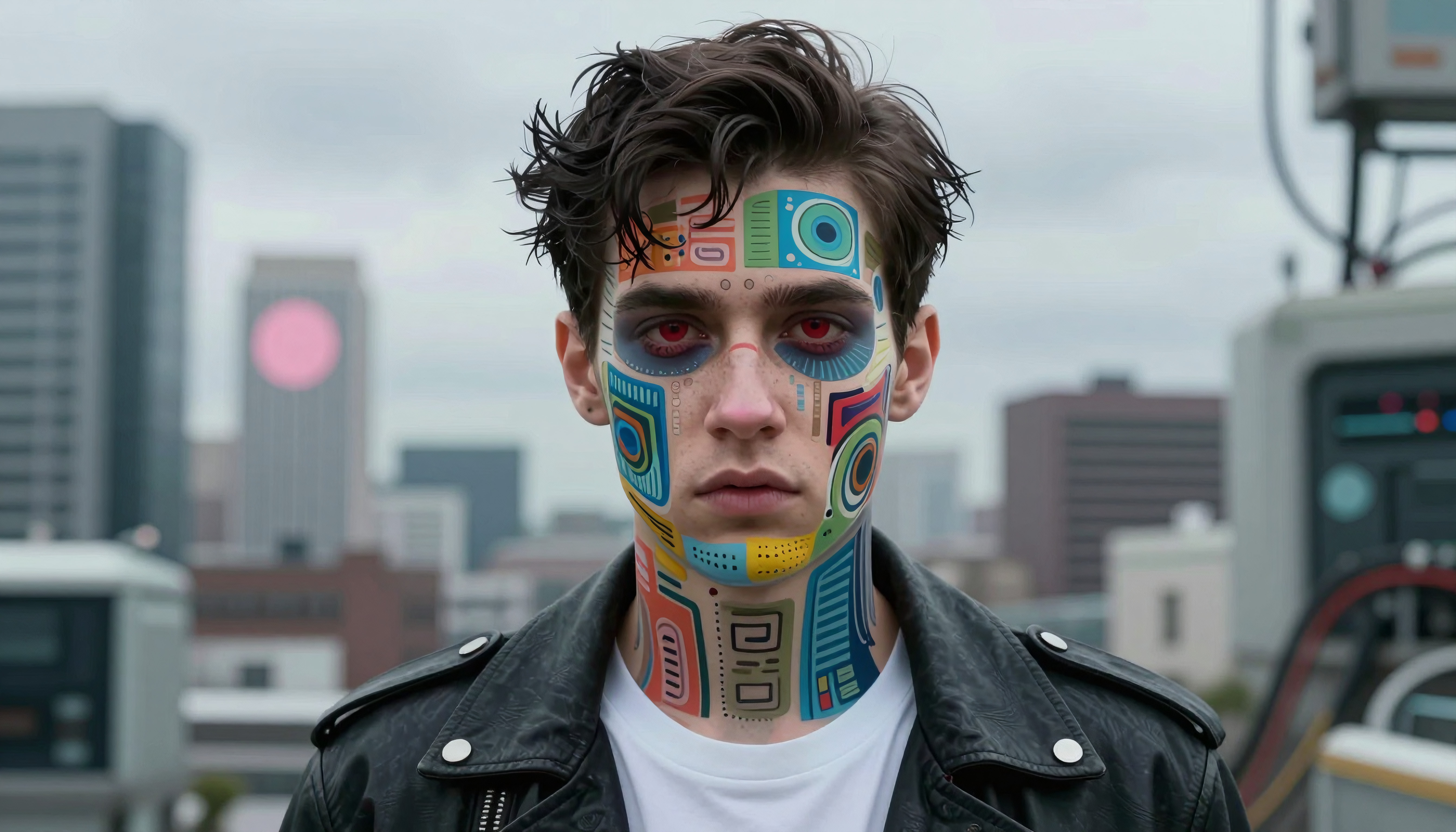 Portrait of a young man with intricate face paint against an urb
