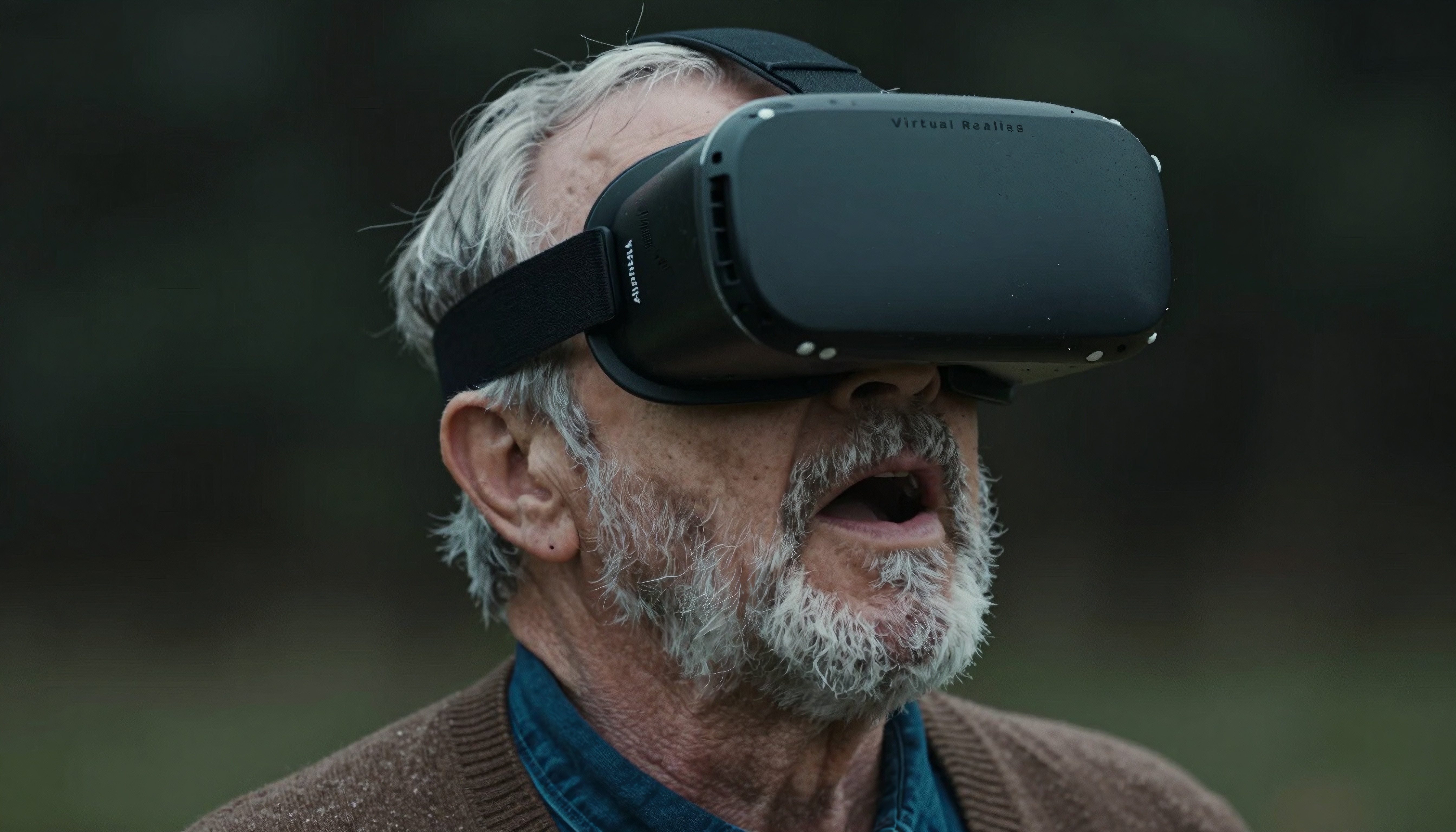 Senior man experiencing virtual reality outdoors with VR headset.