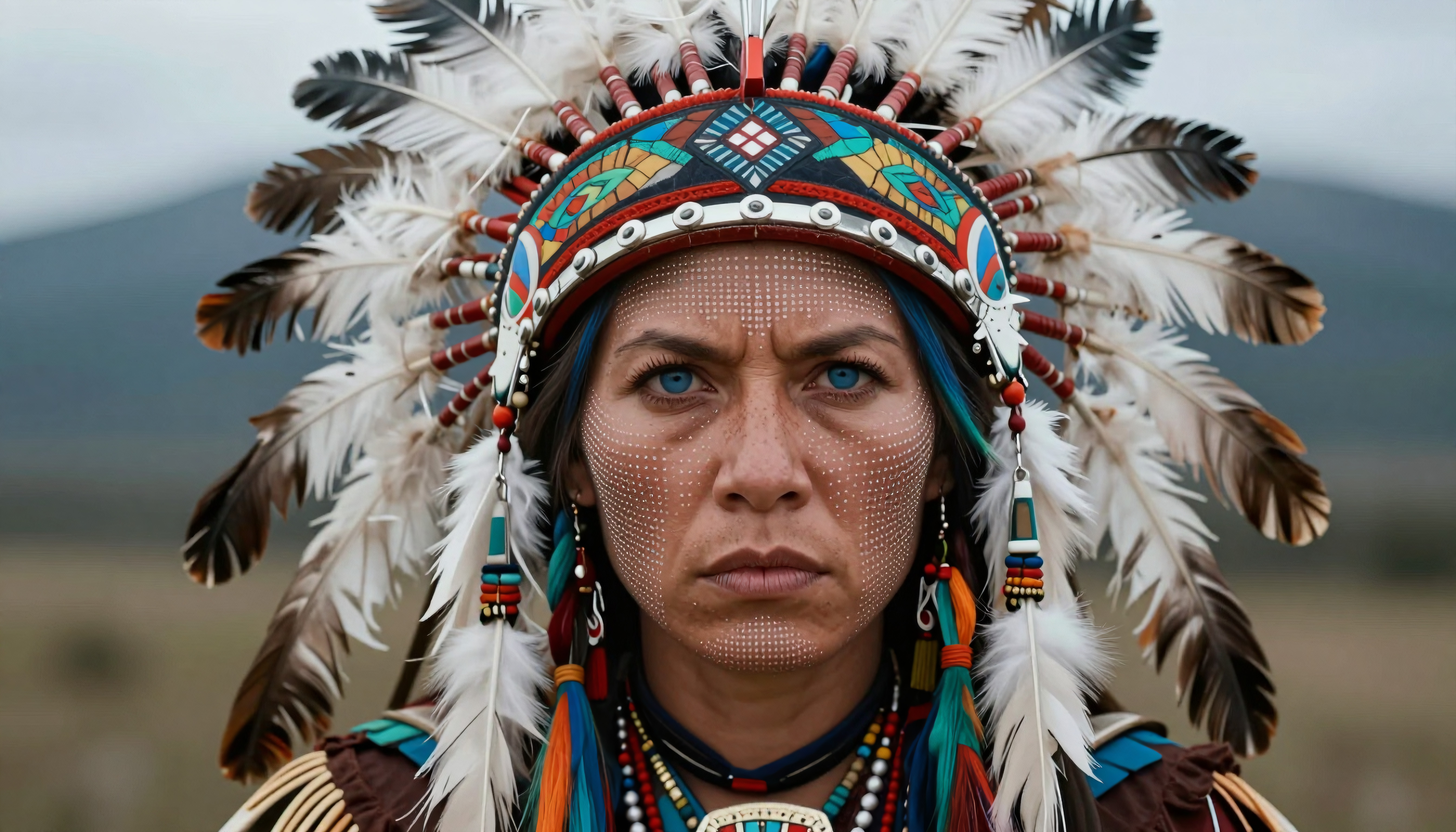 Indigenous Woman in Traditional Headdress Portrait Against Mount