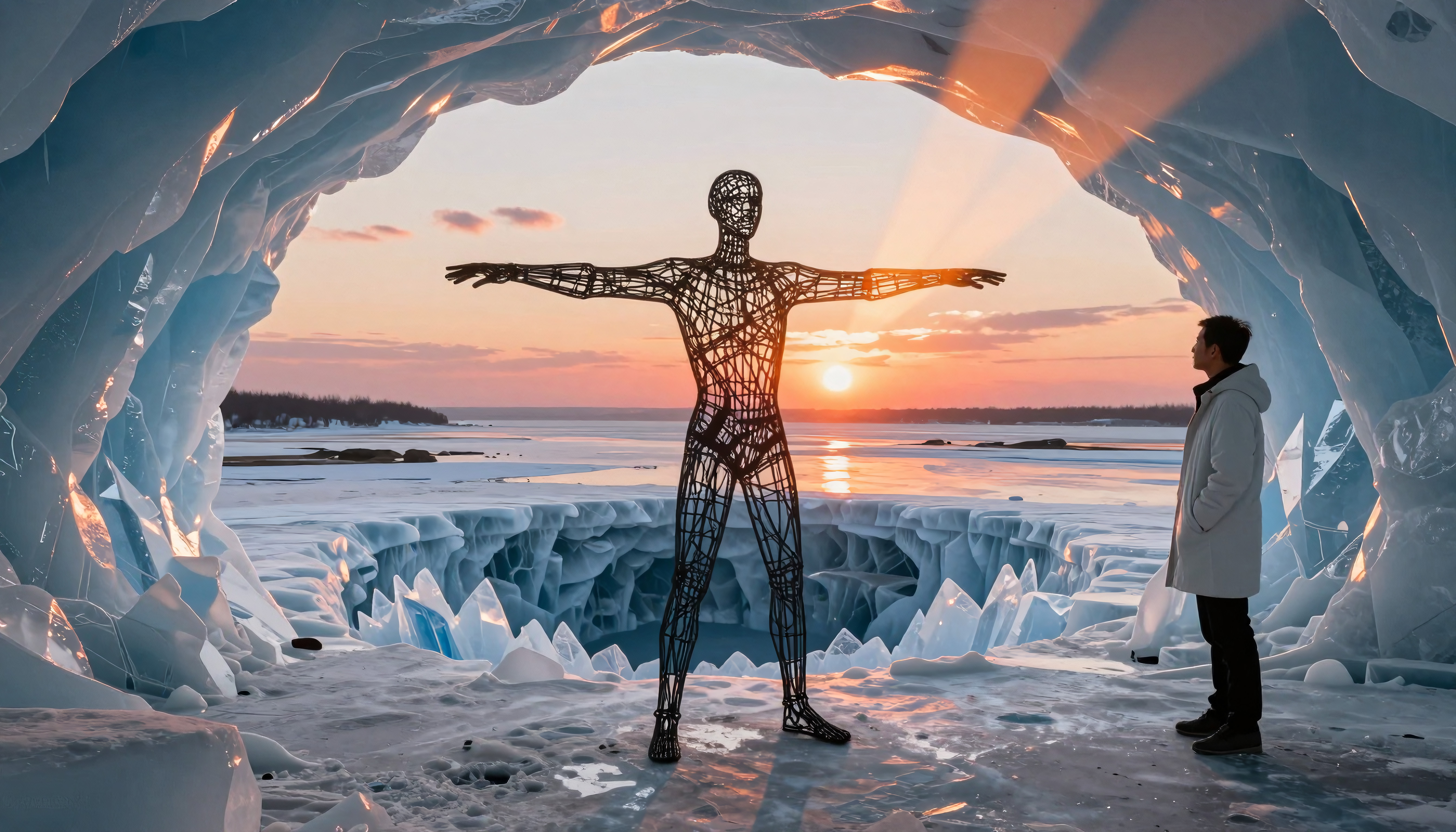 Ice Cave with Wireframe Figure Silhouette and Sunset