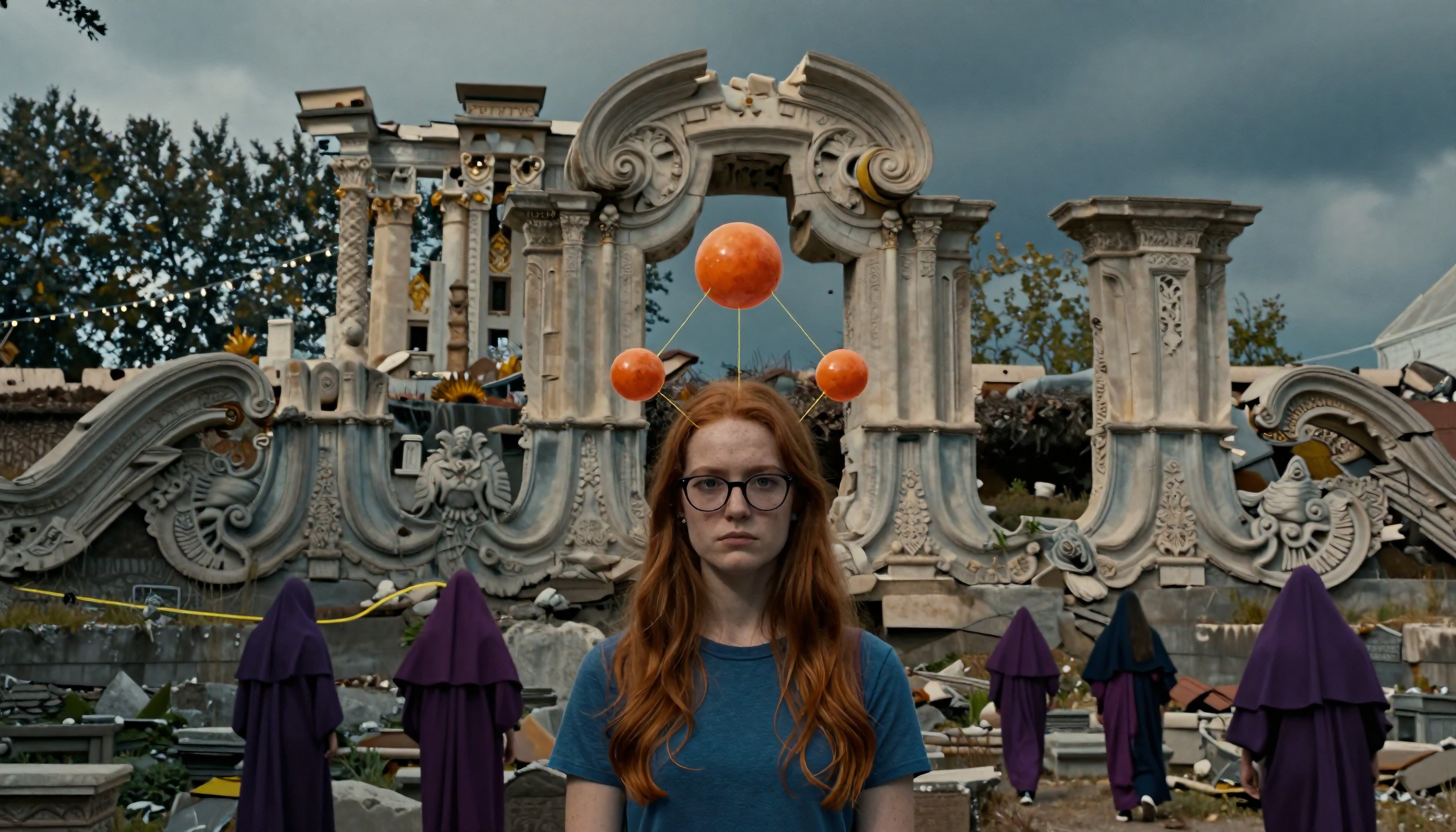 Woman with floating orbs before ornate ruins and robed figures