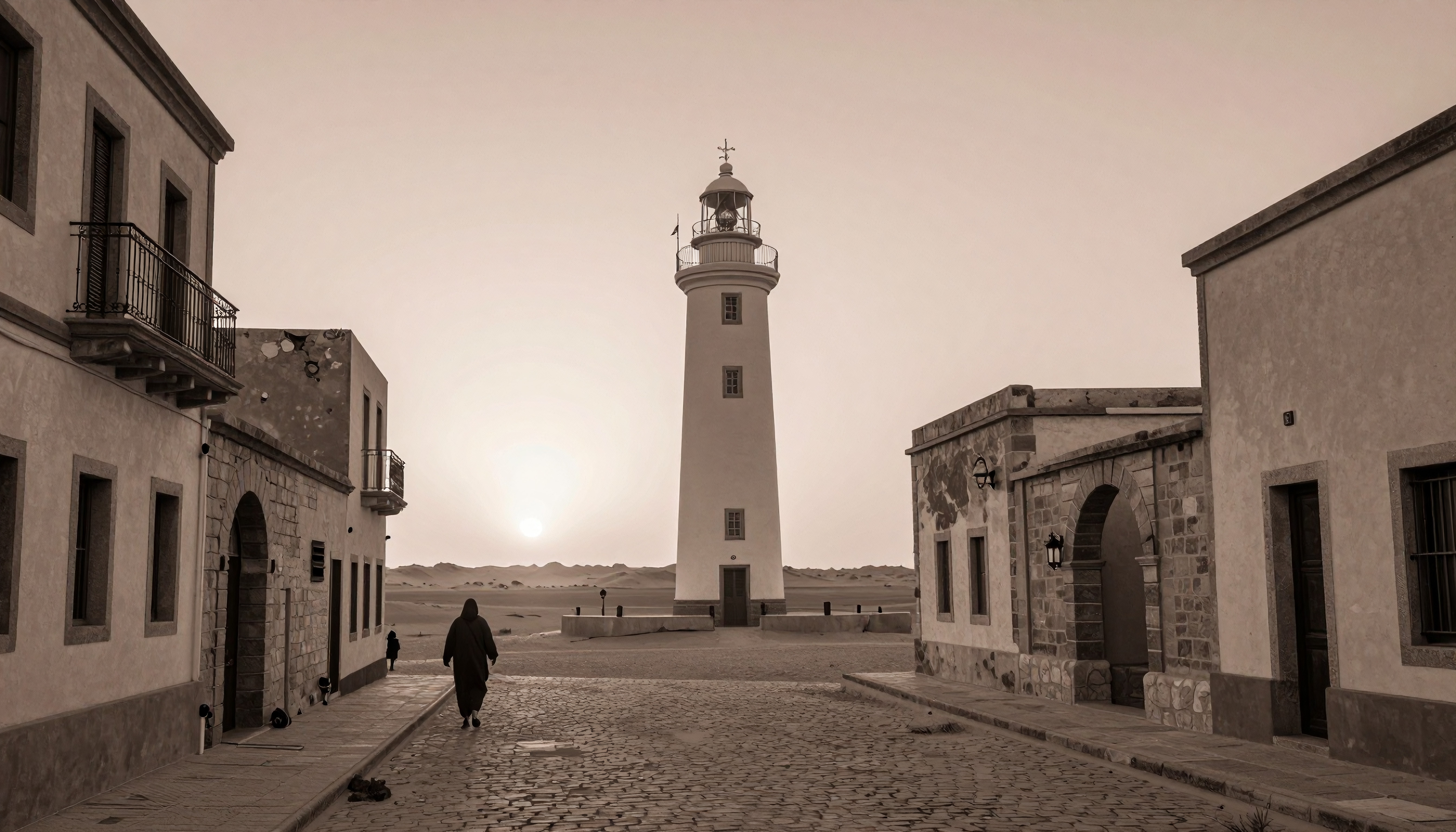 A sepia-toned scene of a lighthouse and old buildings under the setting sun