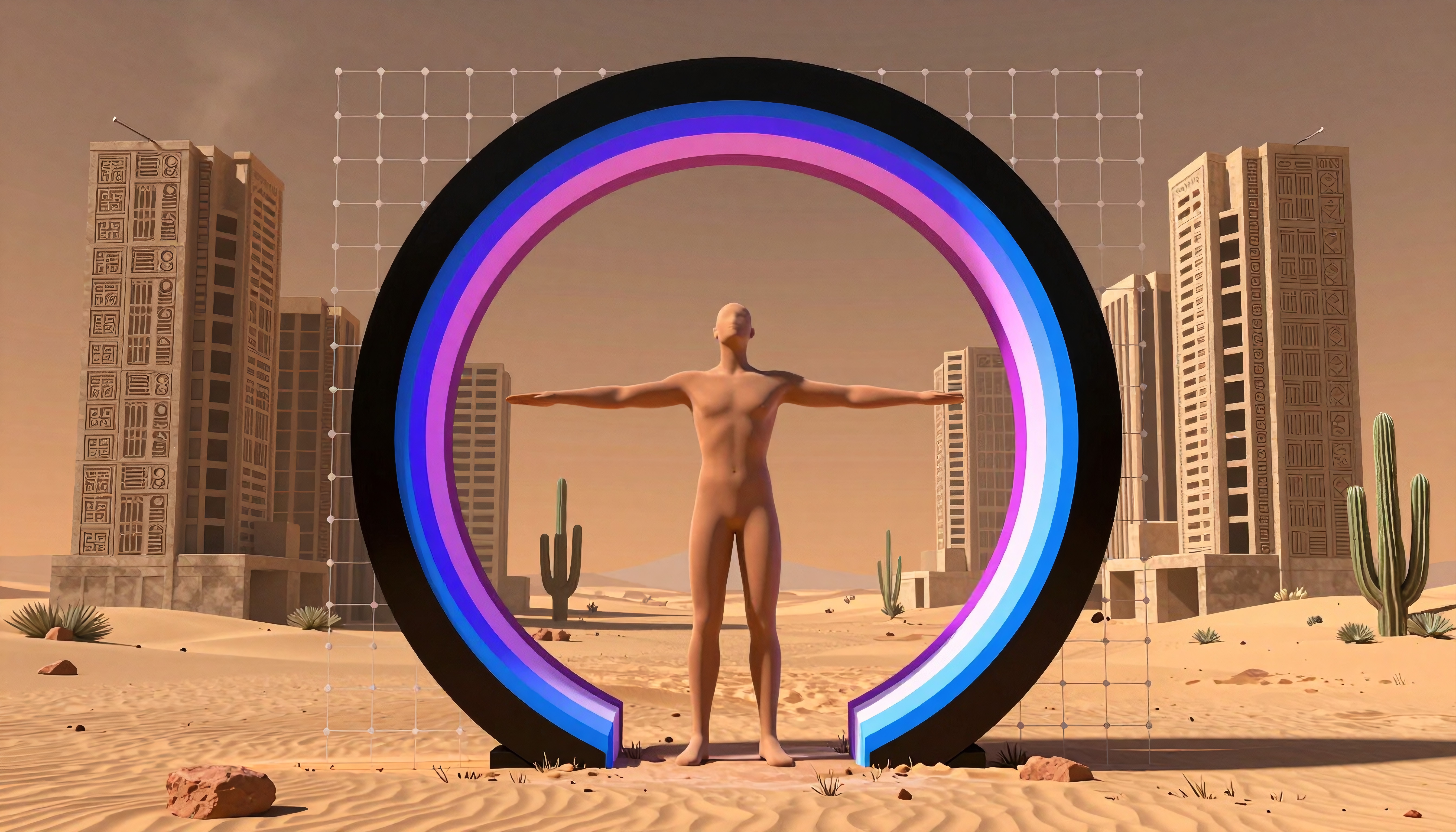 A humanoid figure in a colorful circular structure stands in a futuristic desert cityscape.