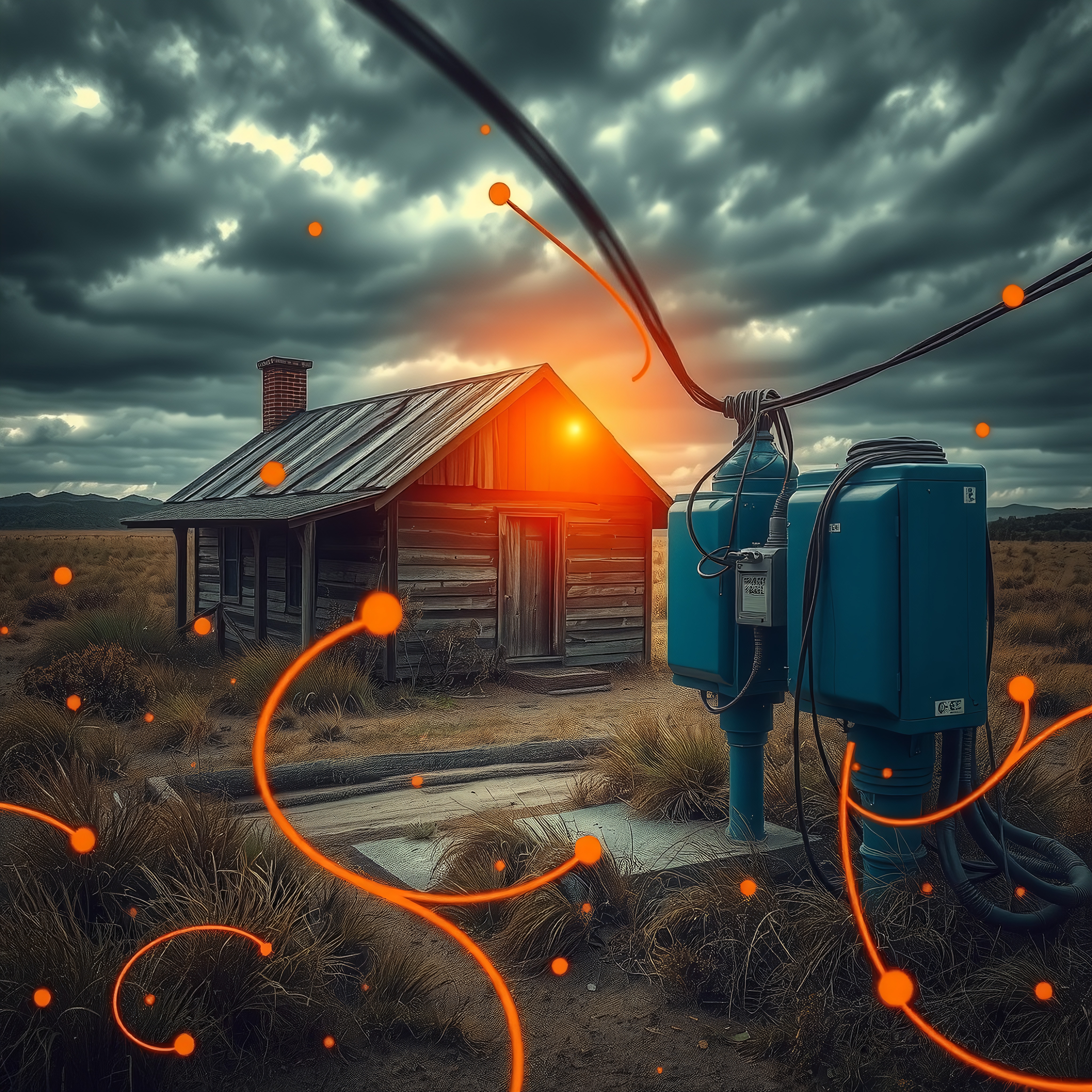 An old wooden cabin with electrical boxes in a field under a dramatic sky, accented by glowing orange lines and orbs.