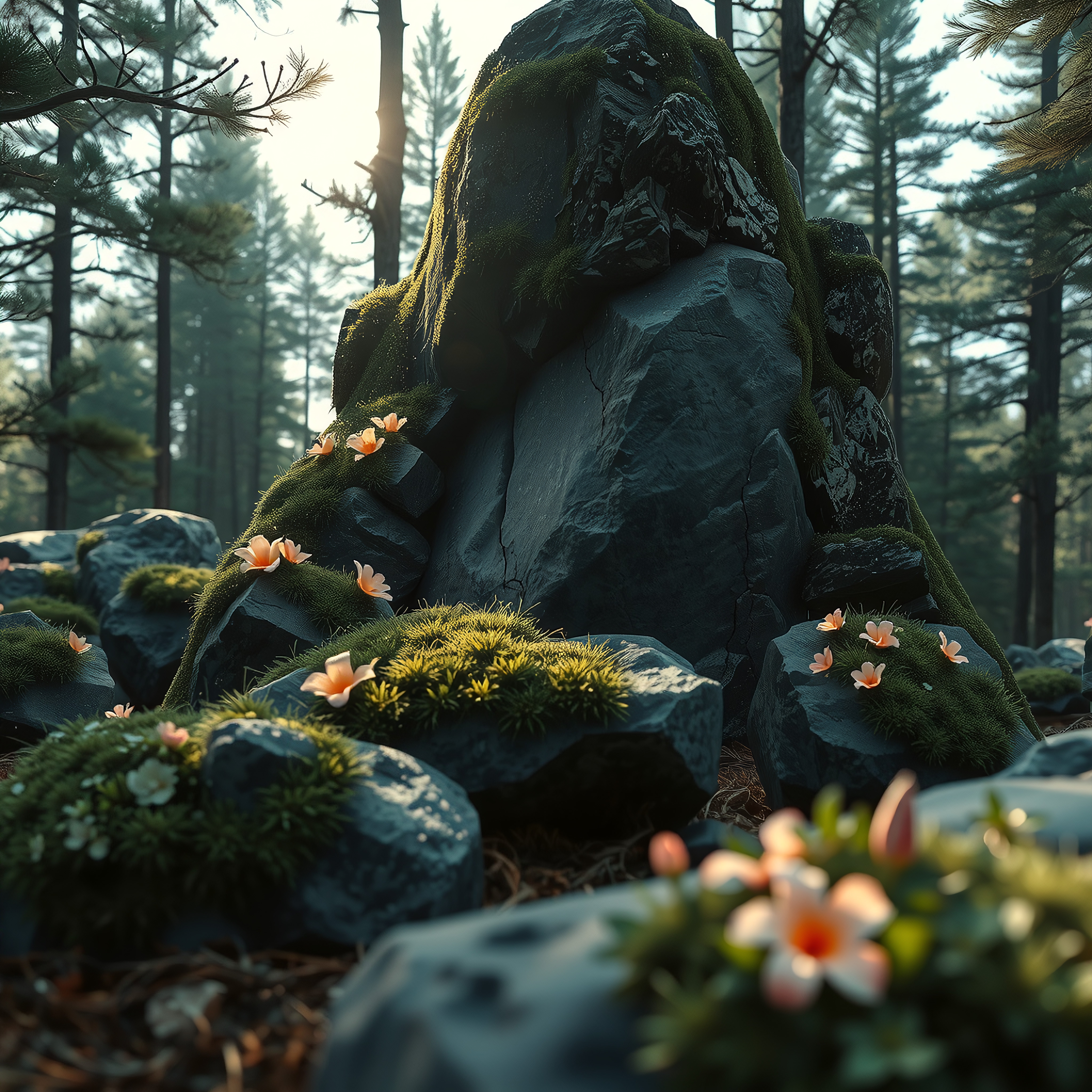 A peaceful forest scene with moss-covered rocks and orange flowers amidst towering pine trees illuminated by sunlight.