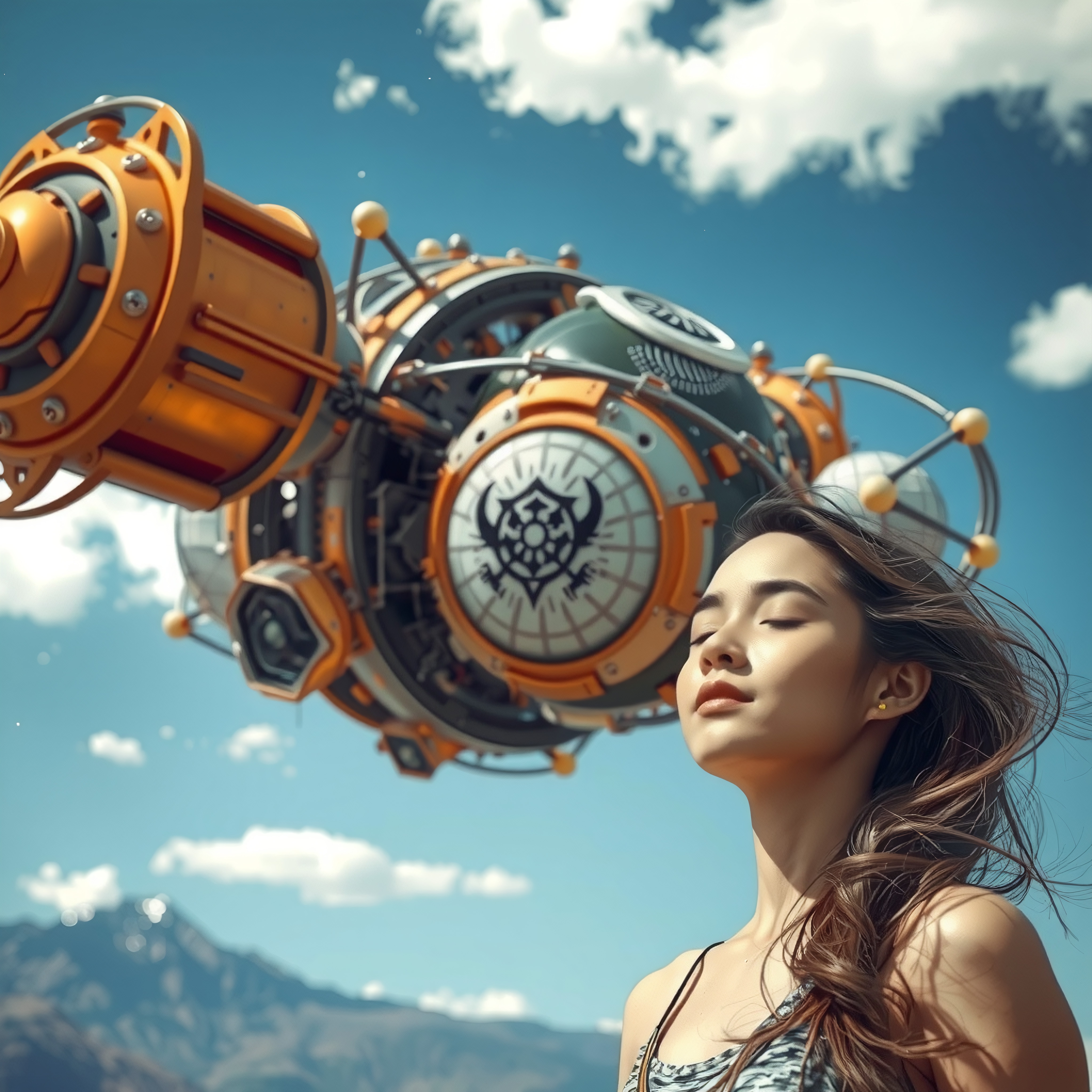 A young woman stands calmly beneath a futuristic aircraft against a scenic mountain backdrop.