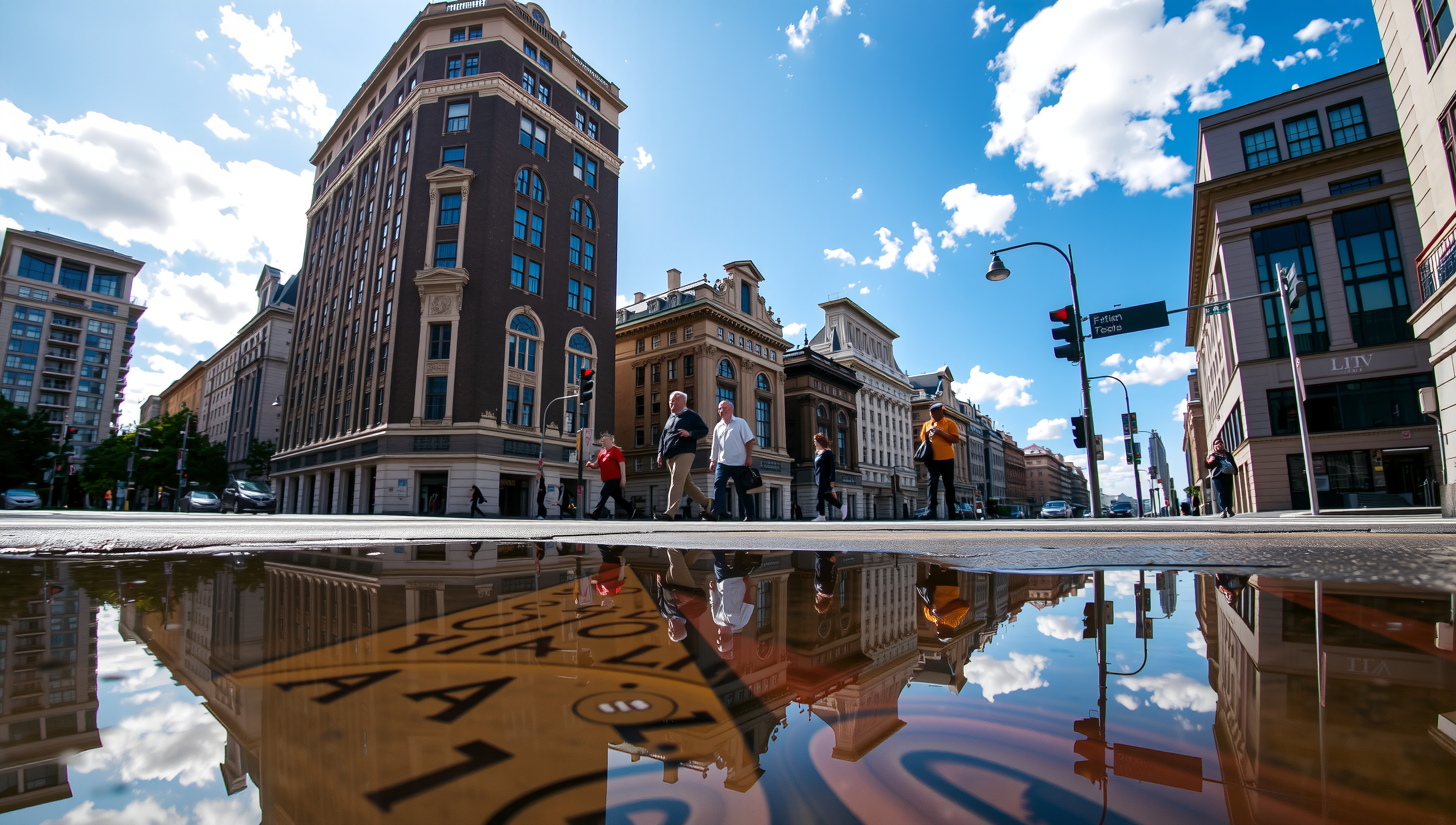 Urban street scene with pedestrians and architecture reflected in puddle.