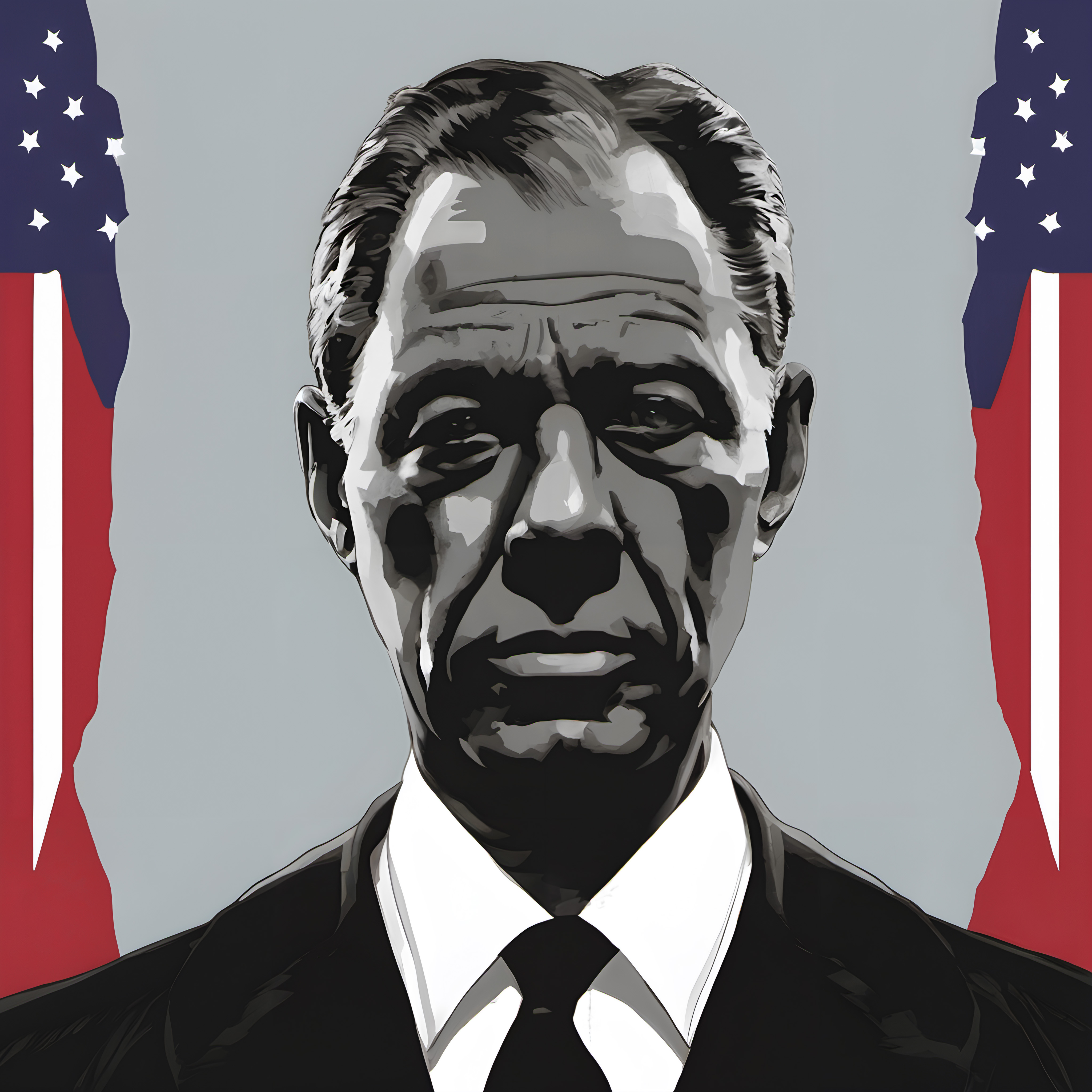 Formal male politician portrait flanked by American flags, serious expression, suited and tied, symbolic patriotism, historic leadership depiction