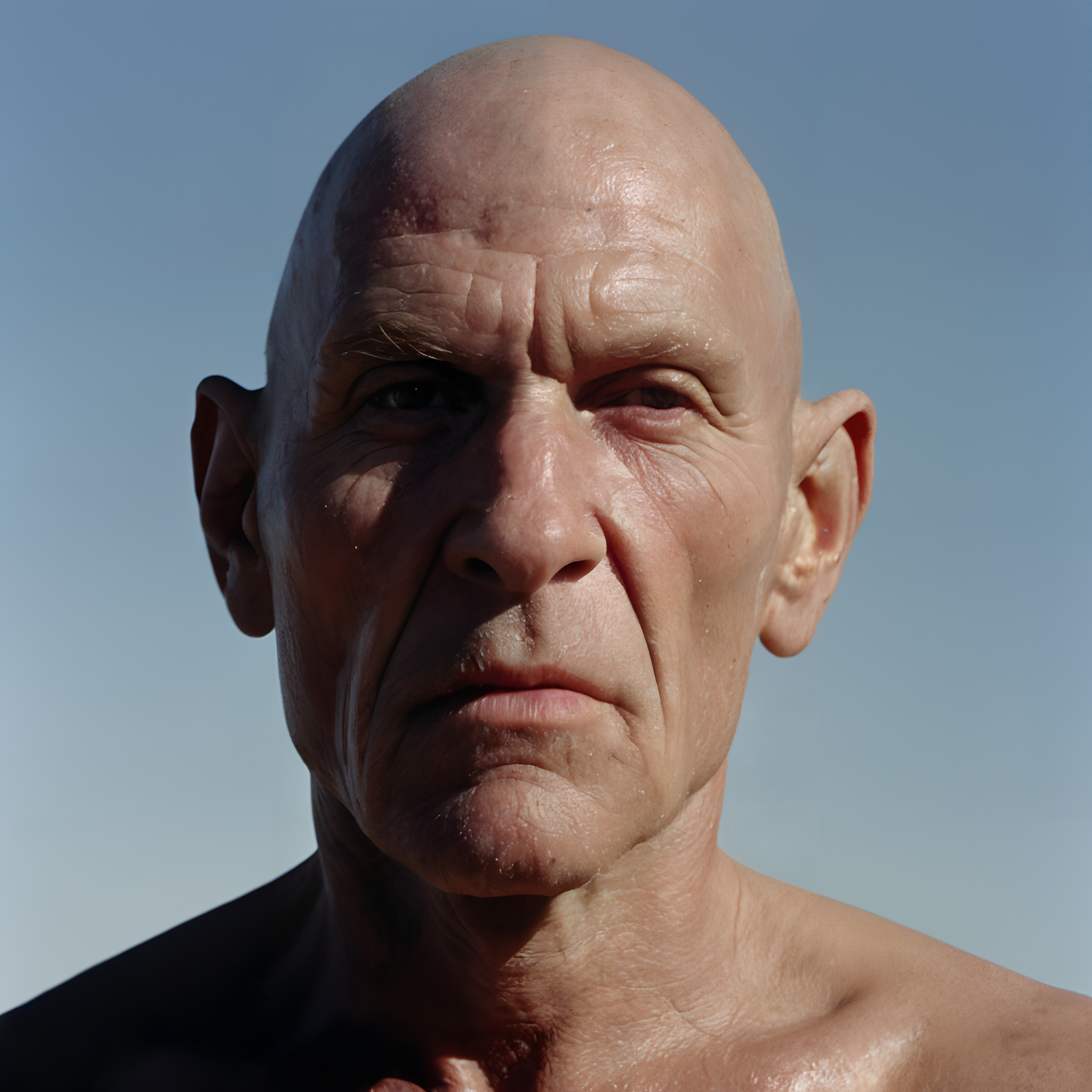 Close-up portrait of intense elderly man against blue sky.