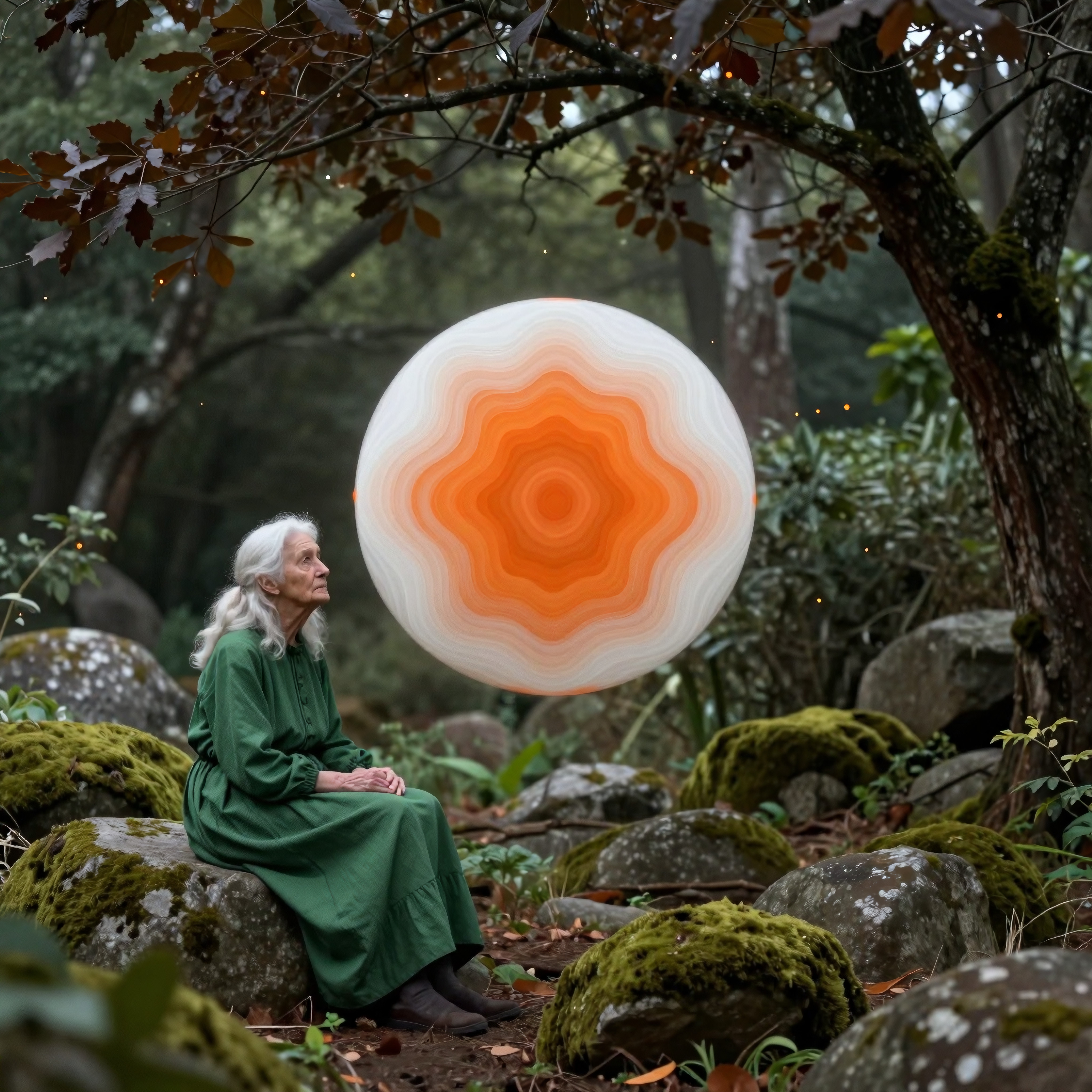 An elderly woman in a forest gazes at a vibrant orange and white sphere.