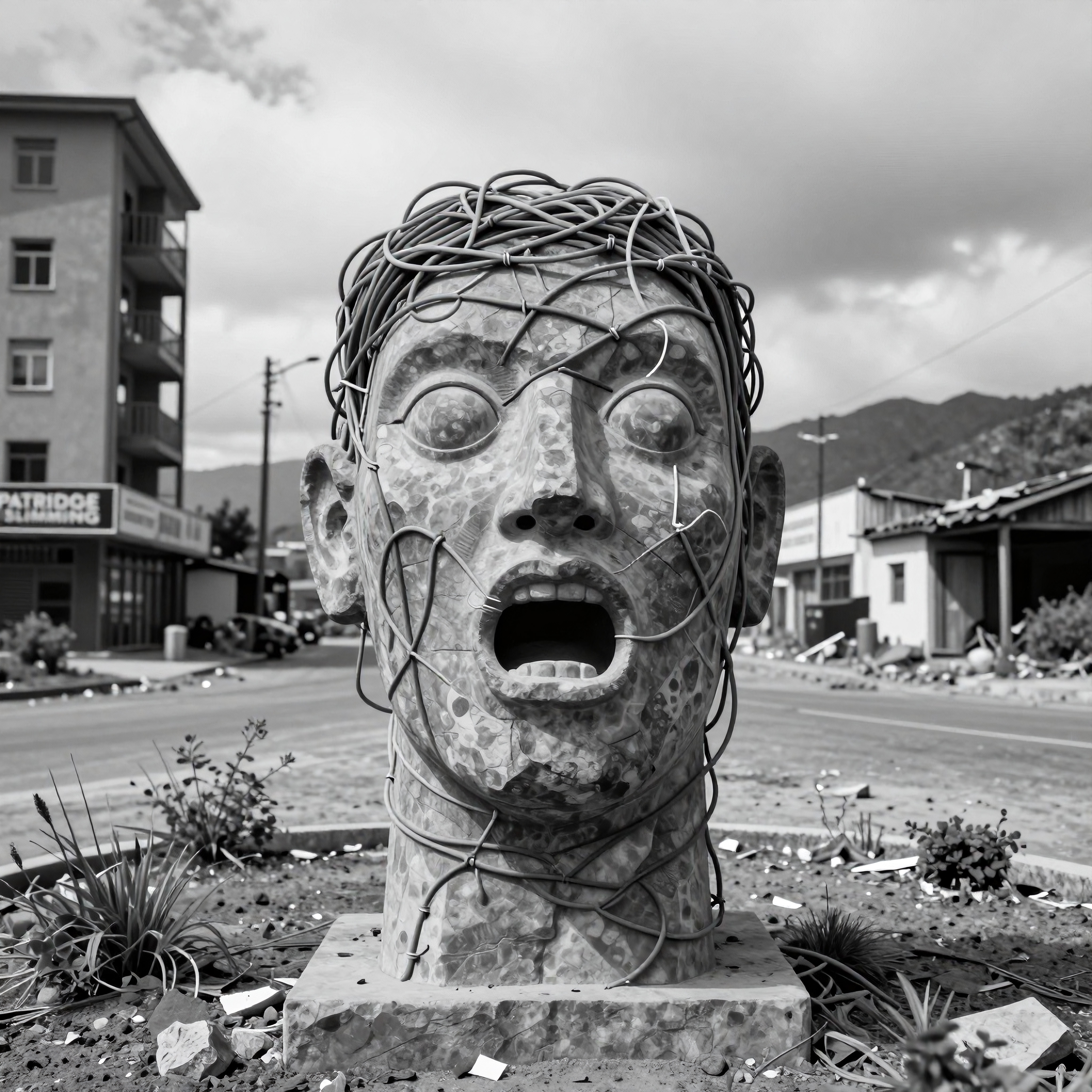 Monochrome sculpture of a human head with wires in an urban setting.