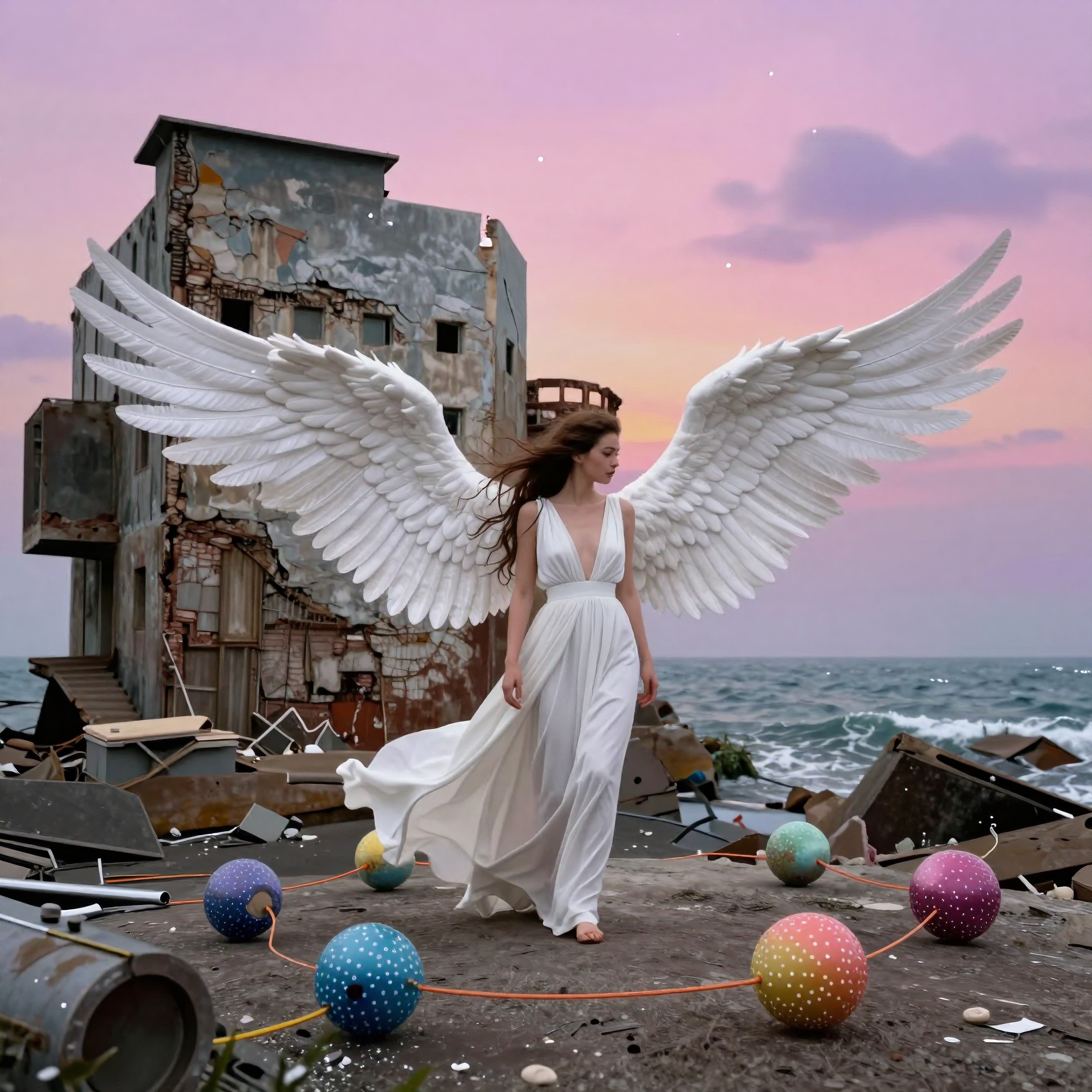 An angelic woman in white stands on a beach with wings outstretched, surrounded by ruins and colorful celestial spheres against a dramatic sunset sky.