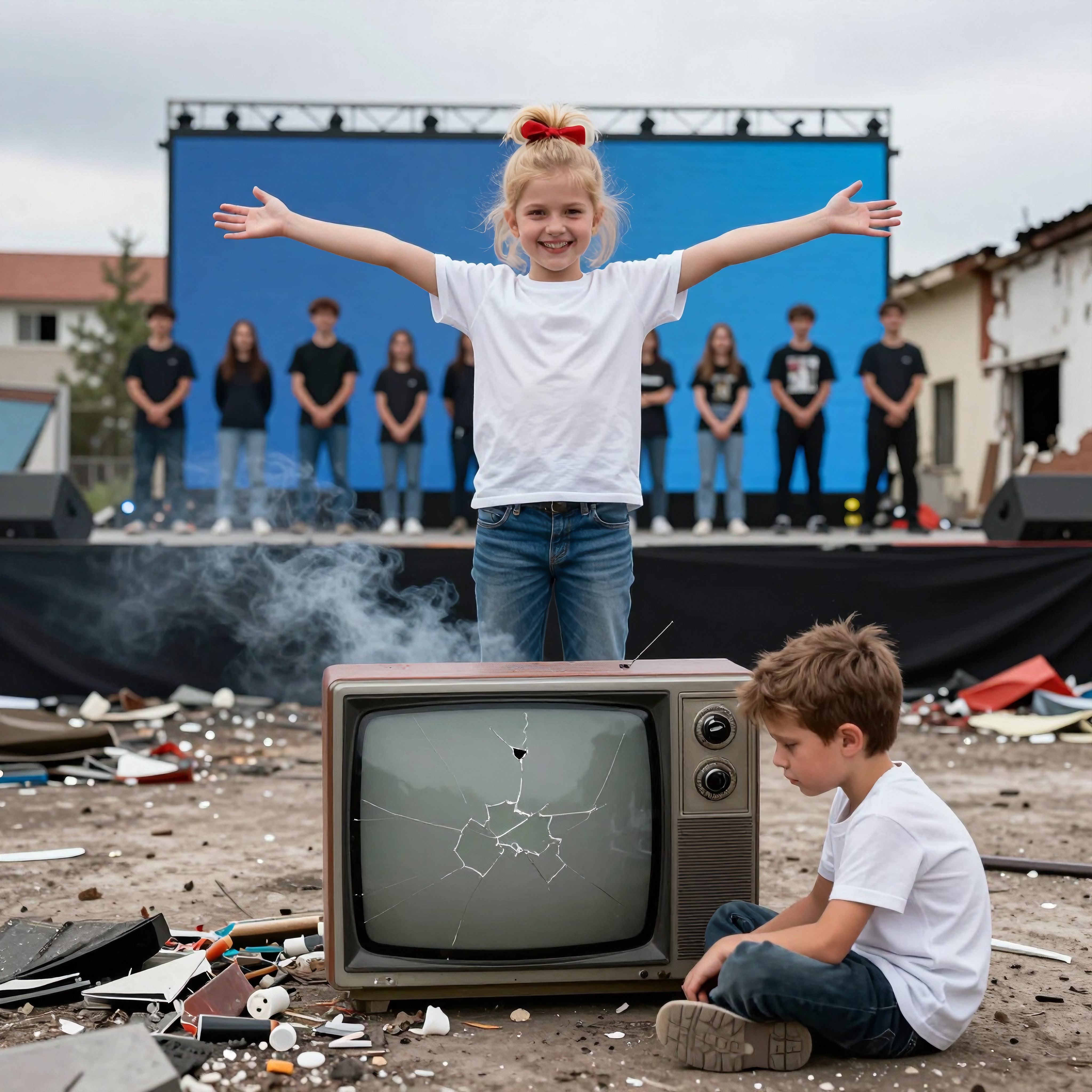 A young girl smiling in front of a broken TV with smoke, surrounded by debris, while a boy sits nearby with people on stage behind.