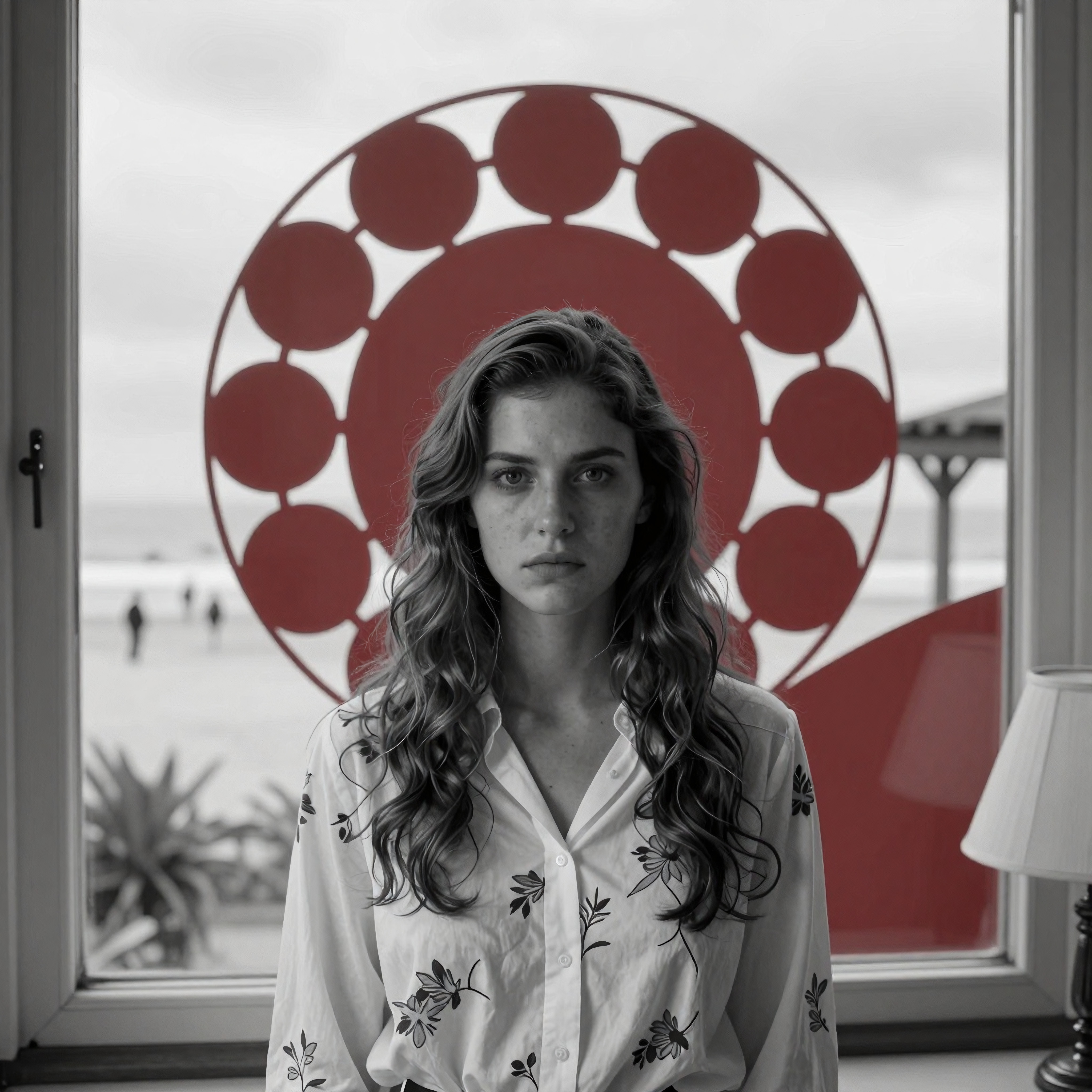 A woman stands before a red, patterned background with a beach view.
