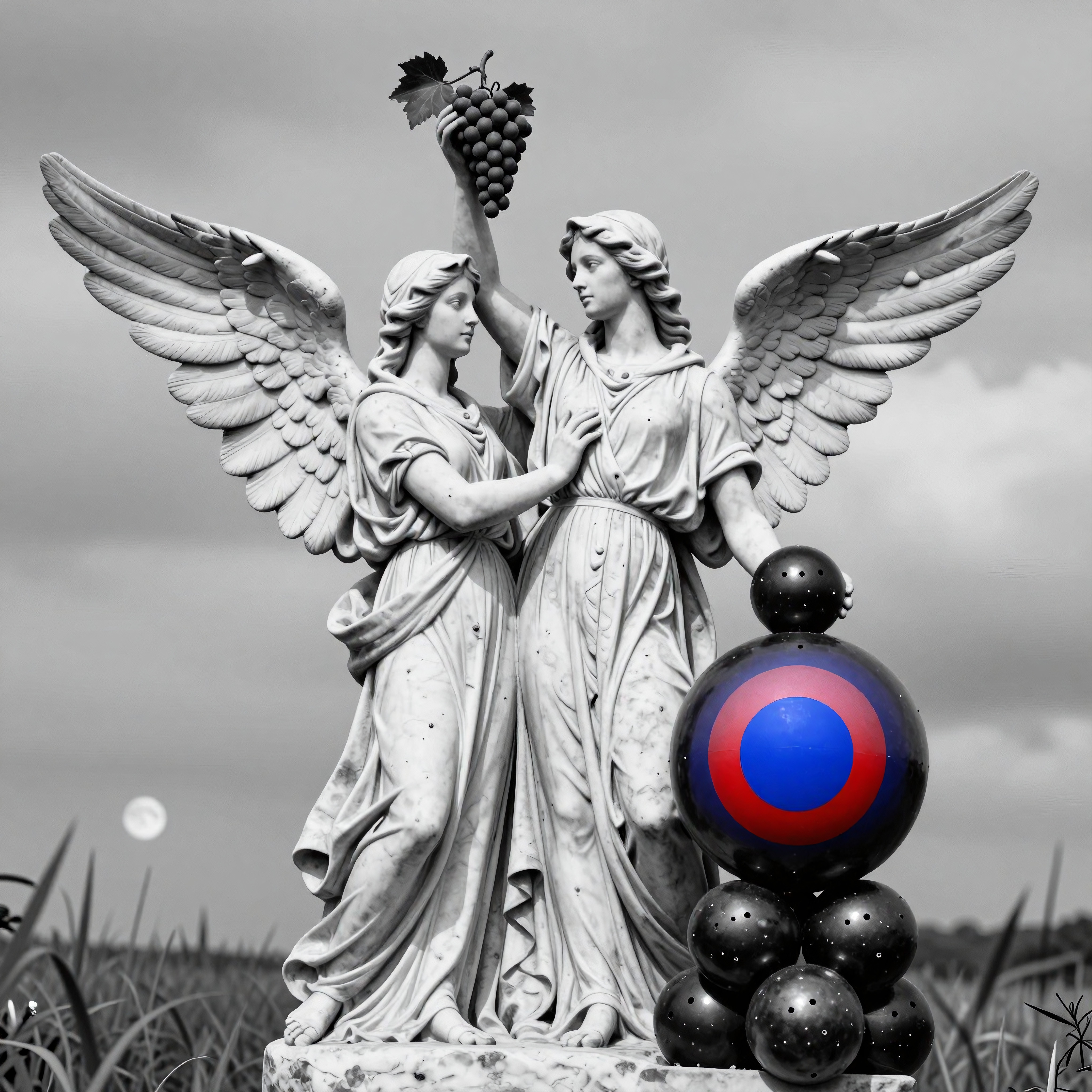 Two angel statues with modern spherical abstract art element, blending classical and contemporary themes.