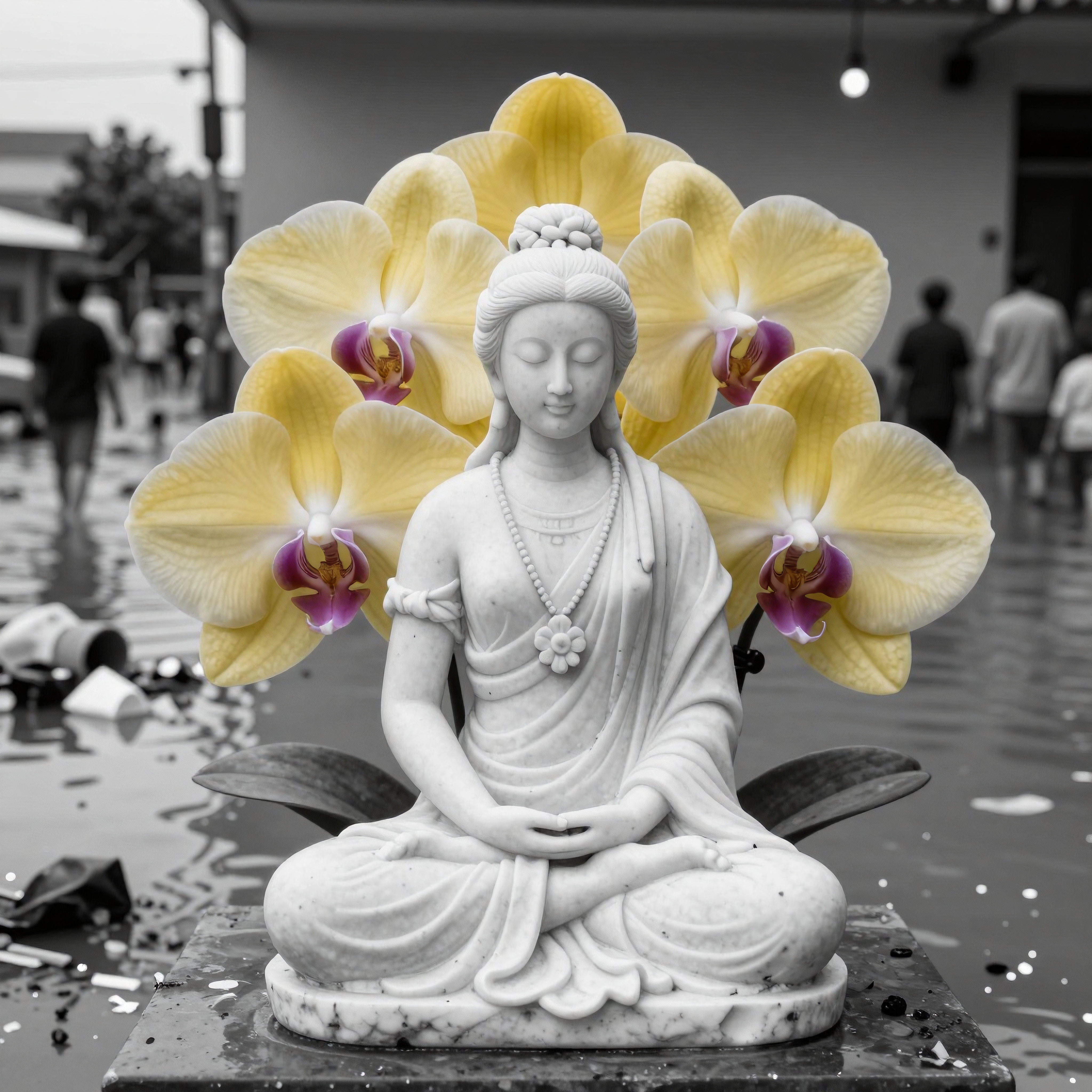 A serene white Buddha statue sits amidst vibrant yellow orchids and a street of floodwater, symbolizing tranquility and resilience.