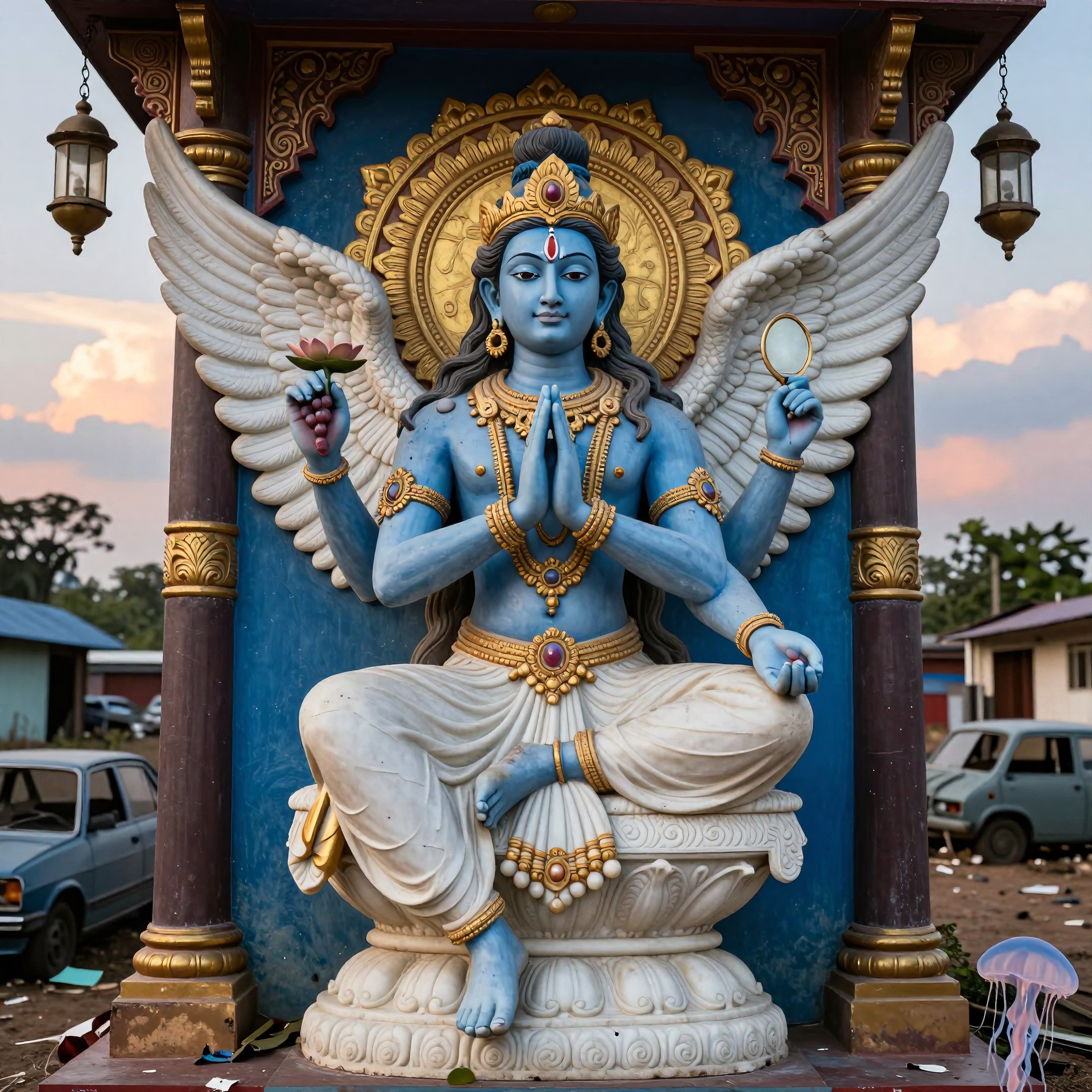 A stunning blue-skinned deity statue with wings, seated in meditation holding symbolic objects against a twilight sky.