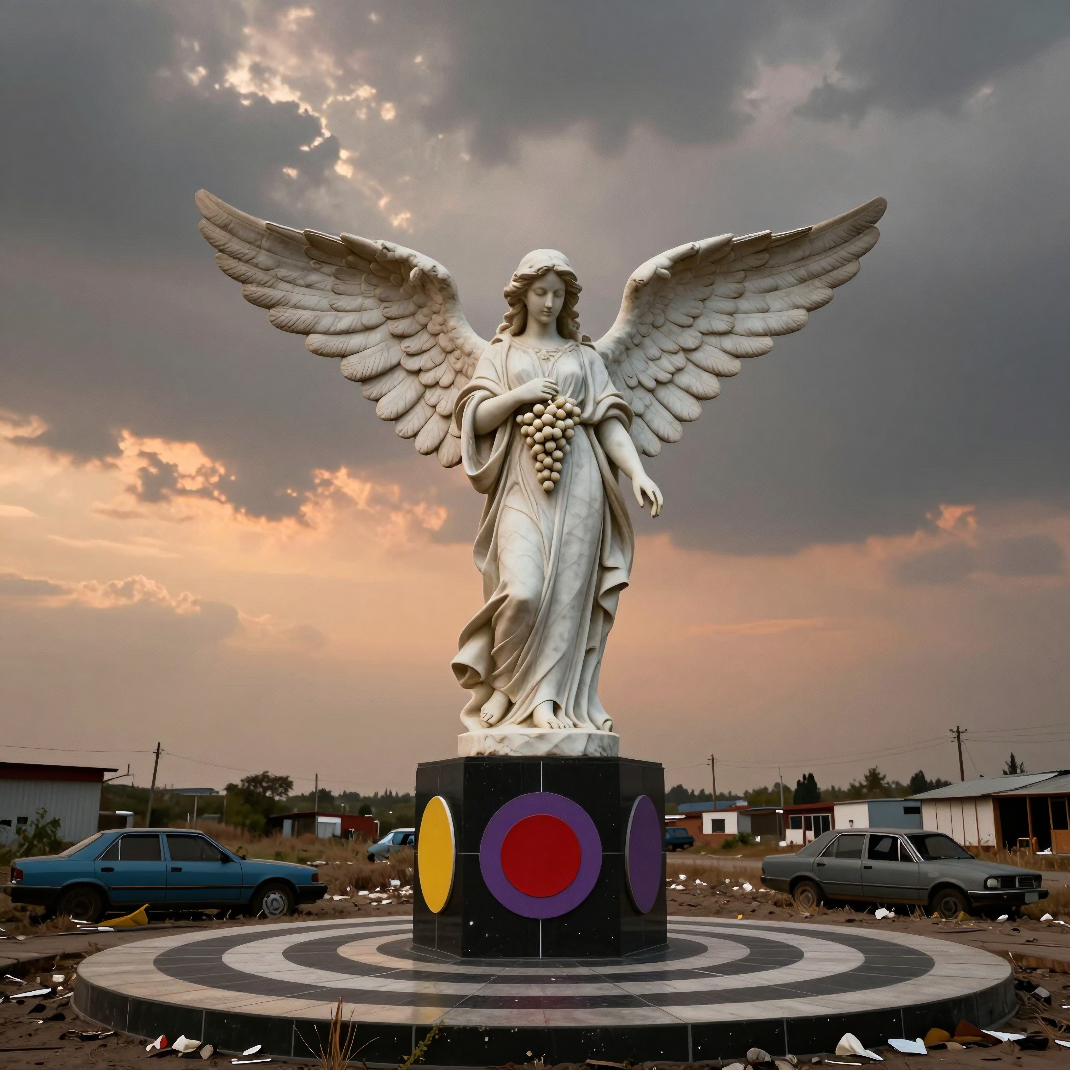 Serene angel statue at sunset with colorful platform and urban backdrop.