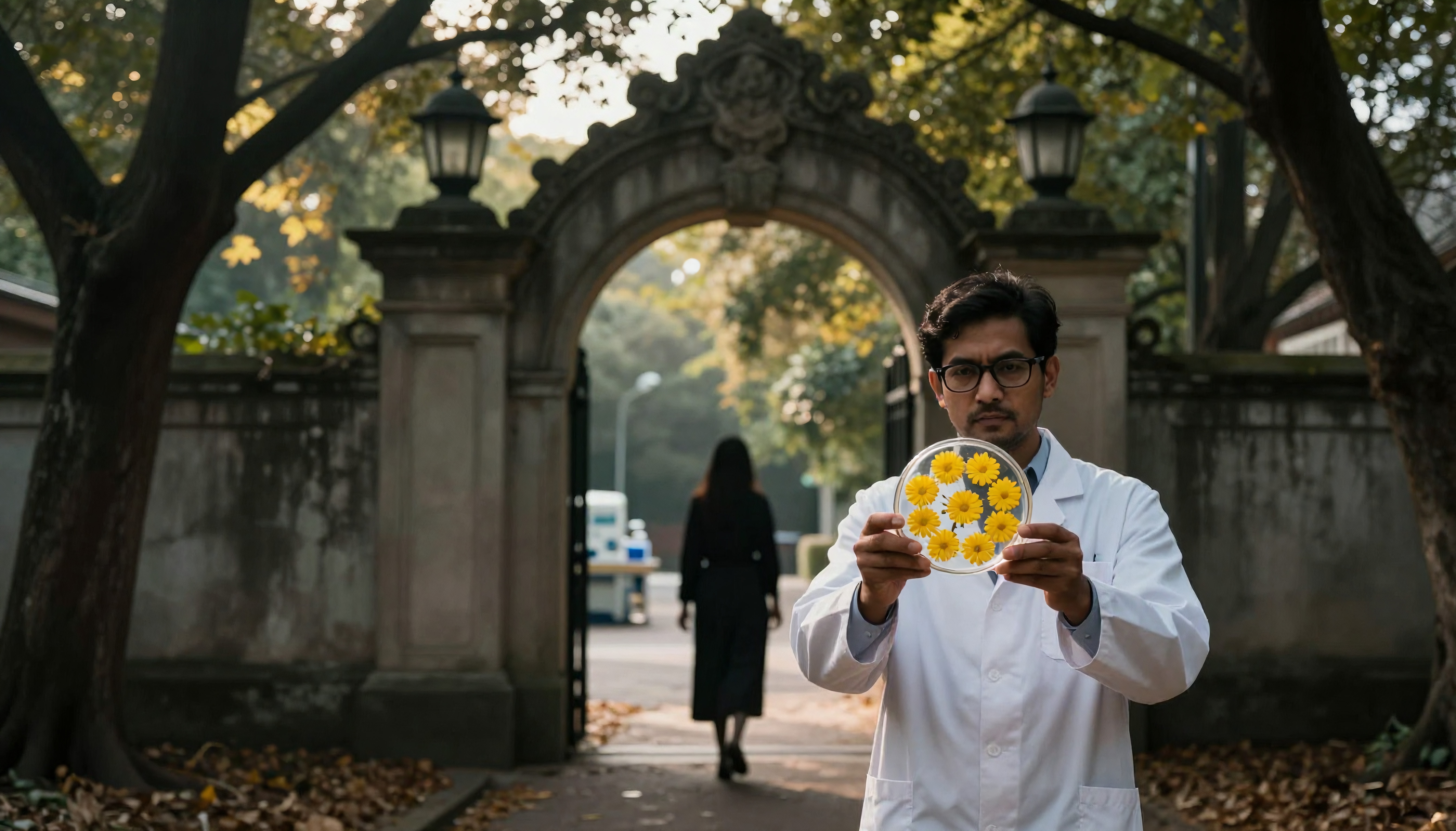 A scientist holds a petri dish with yellow flowers in front of a stone archway outdoors.