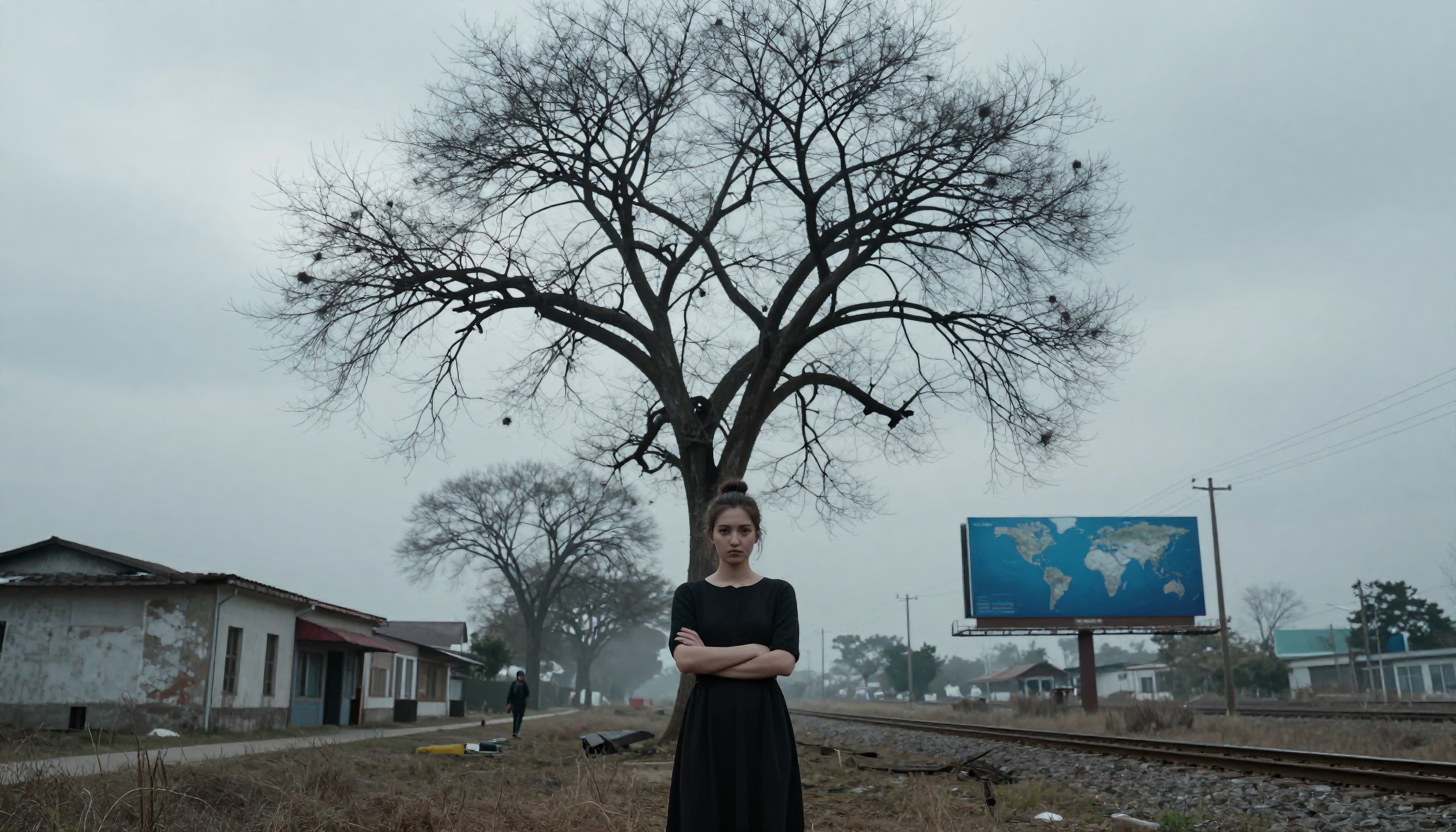Young woman stands by railway track, under barren tree, with world map billboard, in desolate landscape.
