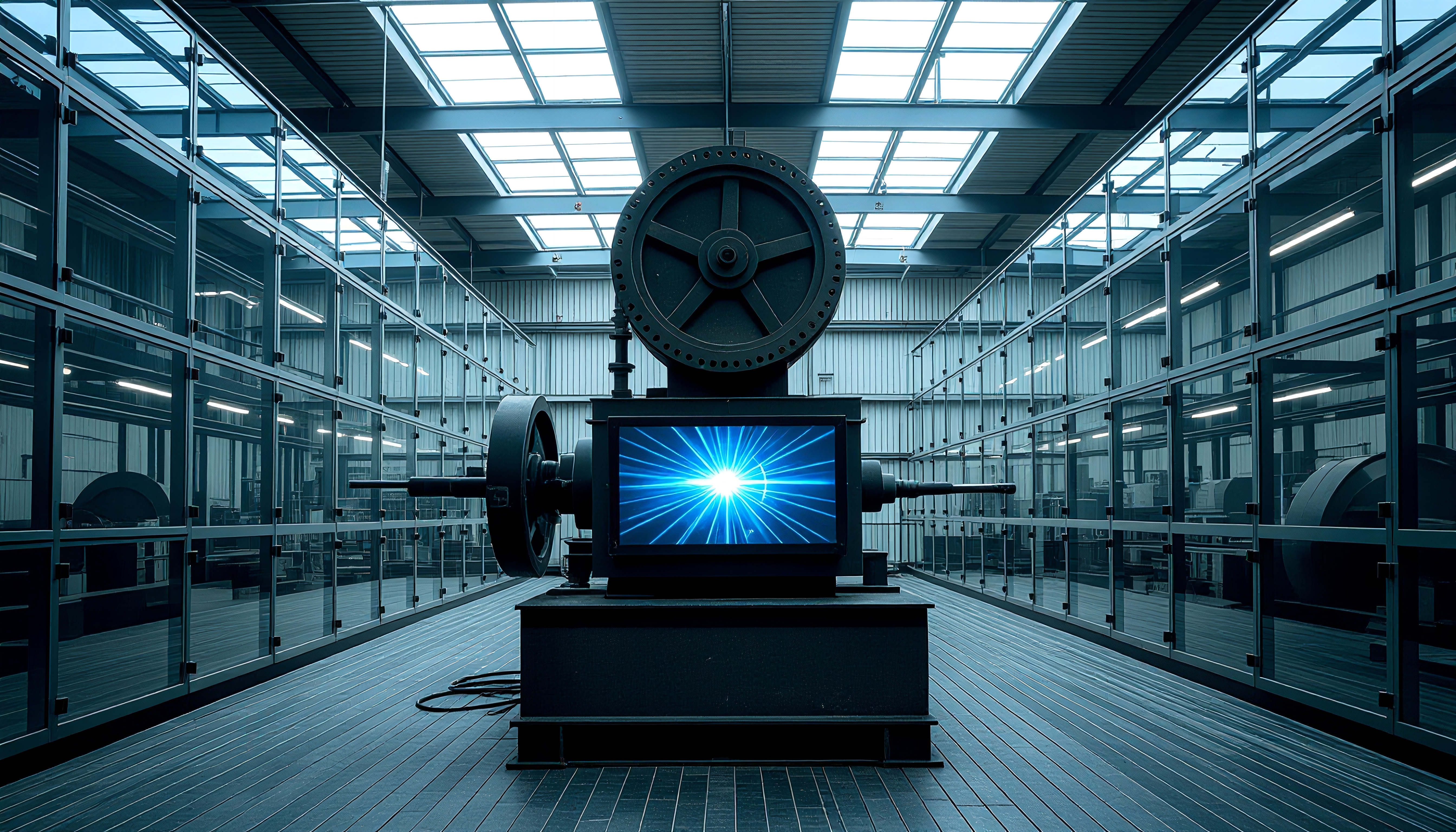 Futuristic industrial room with sophisticated energy machine and vibrant blue light.