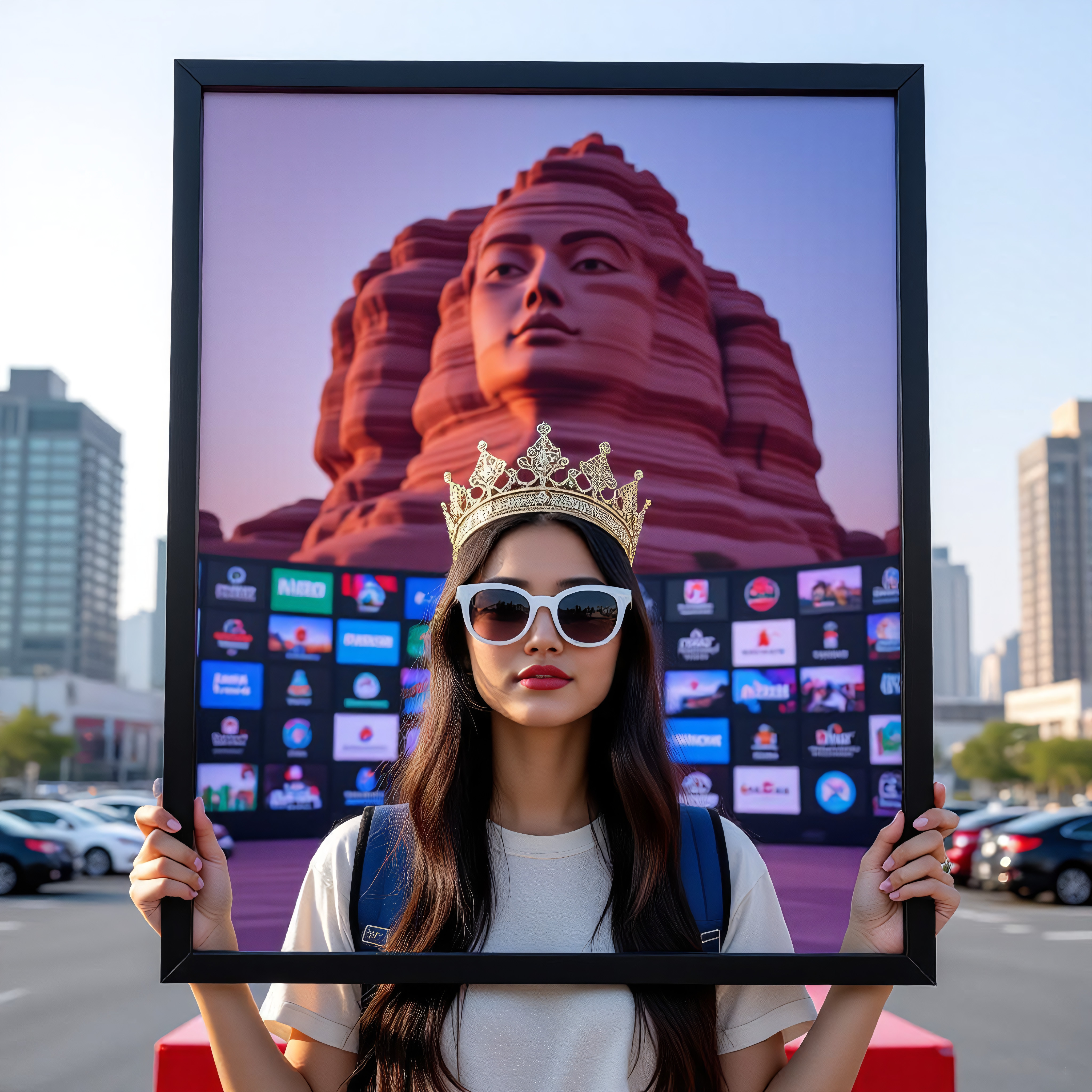 A woman wearing a crown and sunglasses holds a picture frame with a stylized stone head, set against an urban backdrop.