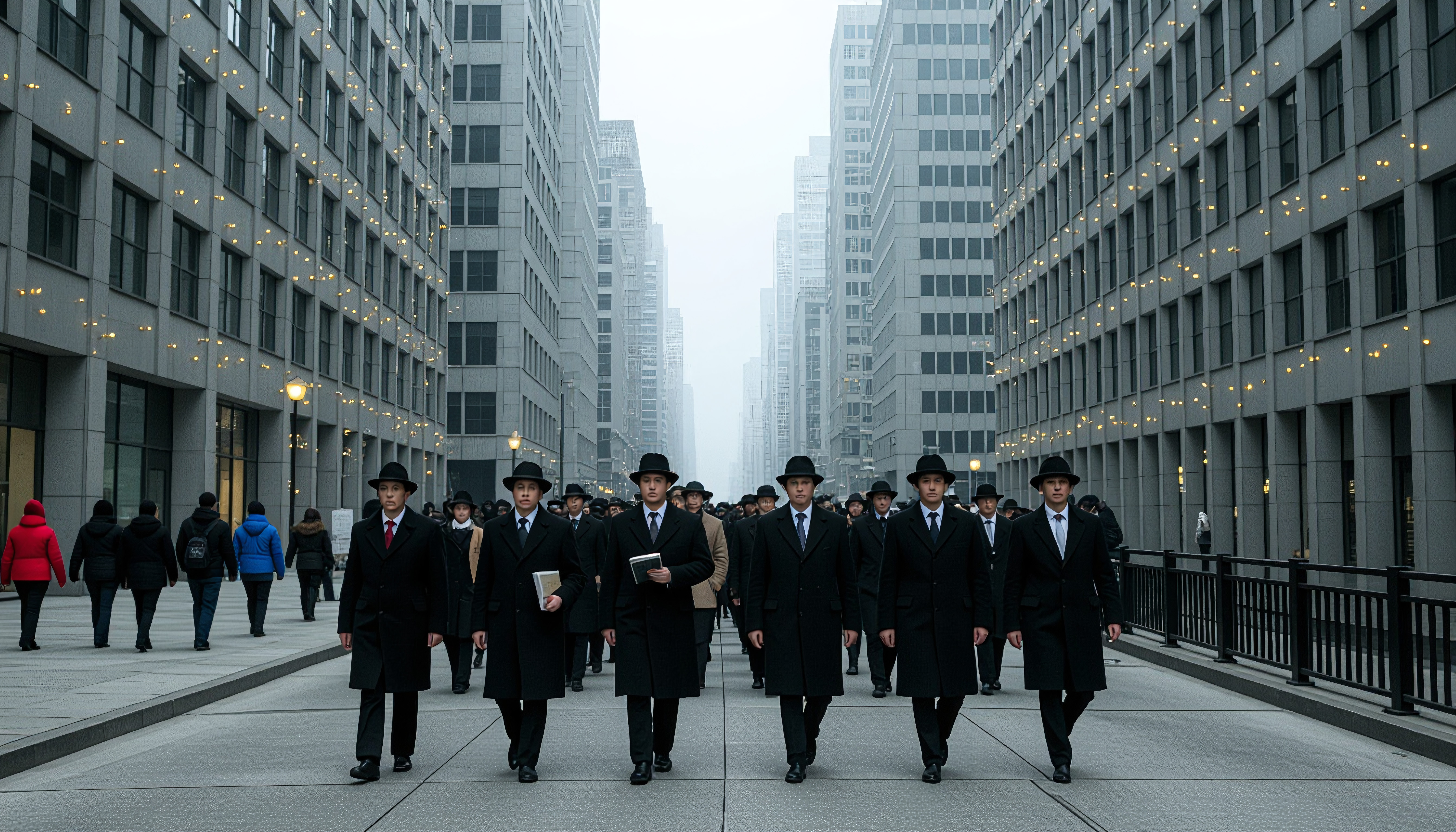 Professional Businessmen Walking Through a Modern Urban Corridor