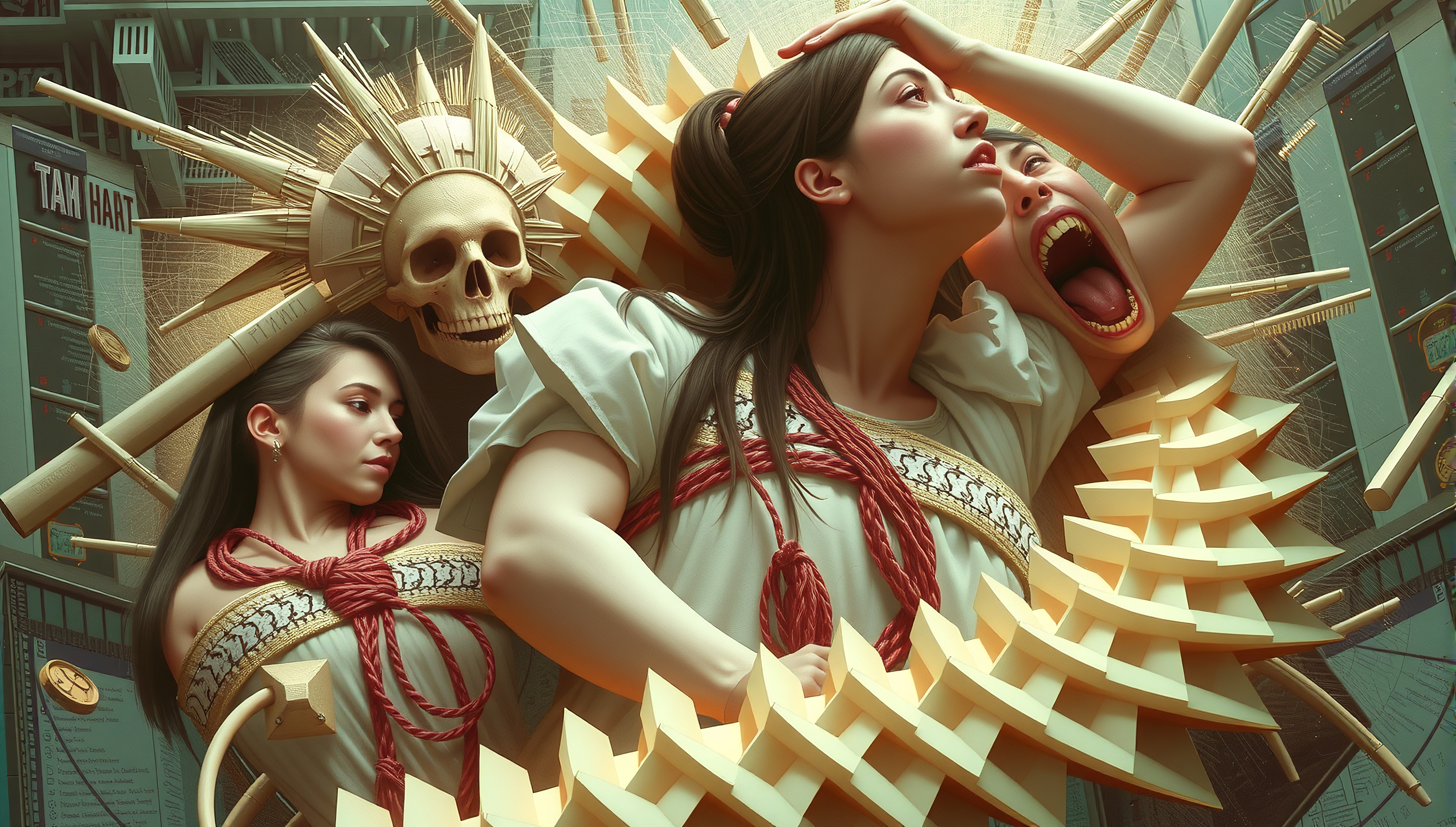 Surreal Urban Collage With Women, Skull, and Geometric Structure