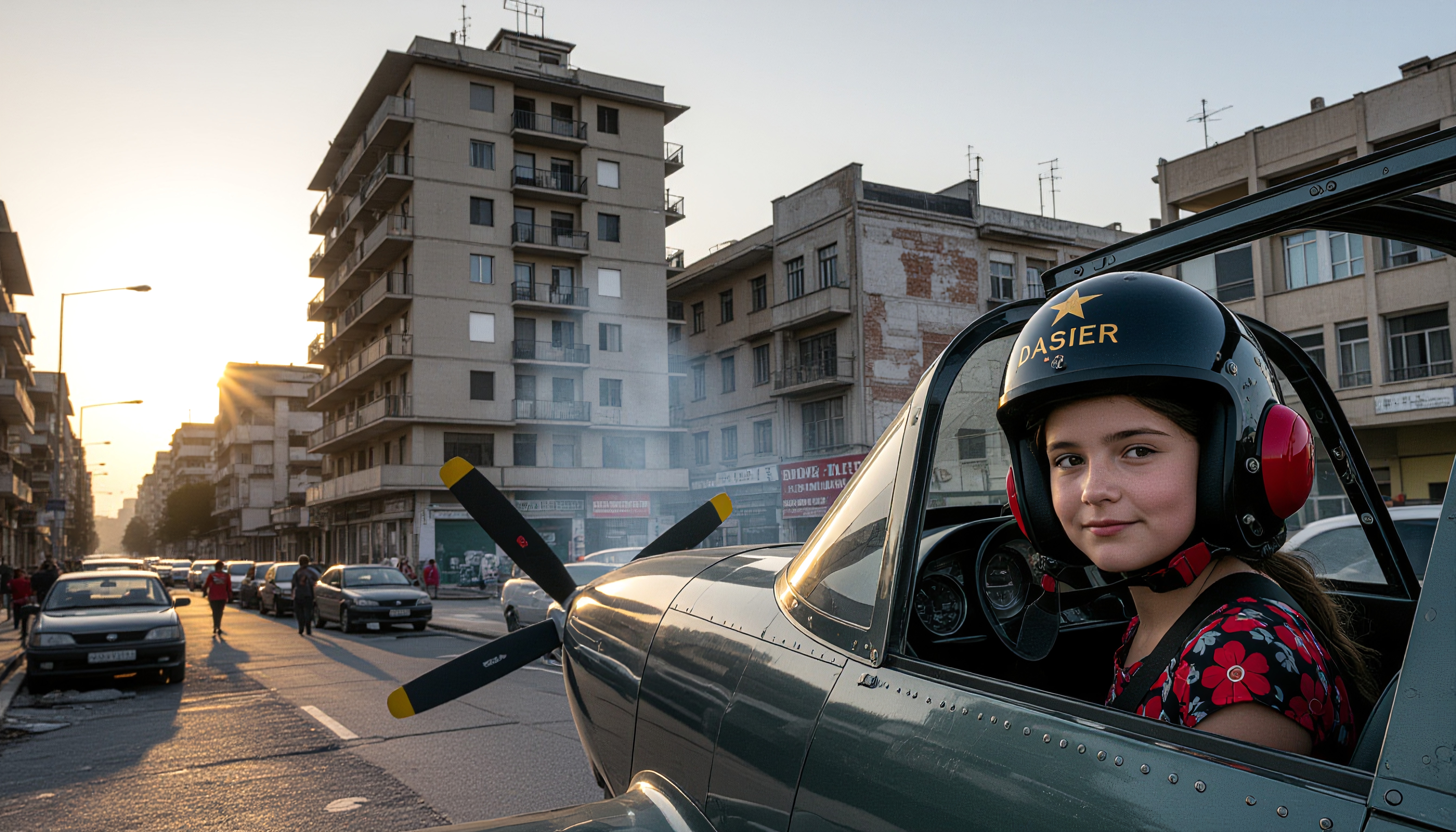 A young girl sits in an aircraft on a city street, combining urban life with aviation adventure.
