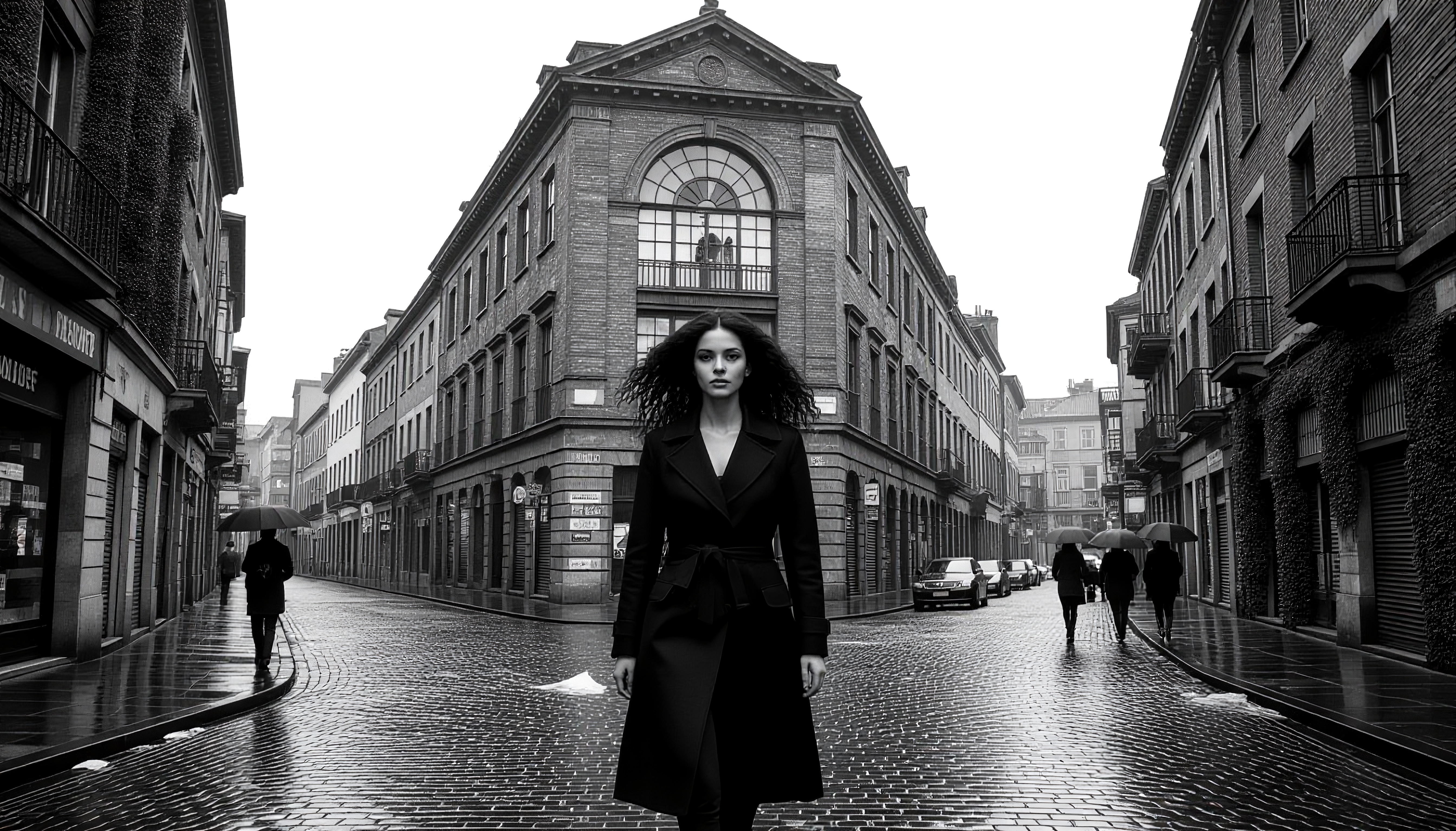 A woman walks on a historic cobblestone street in black and white.