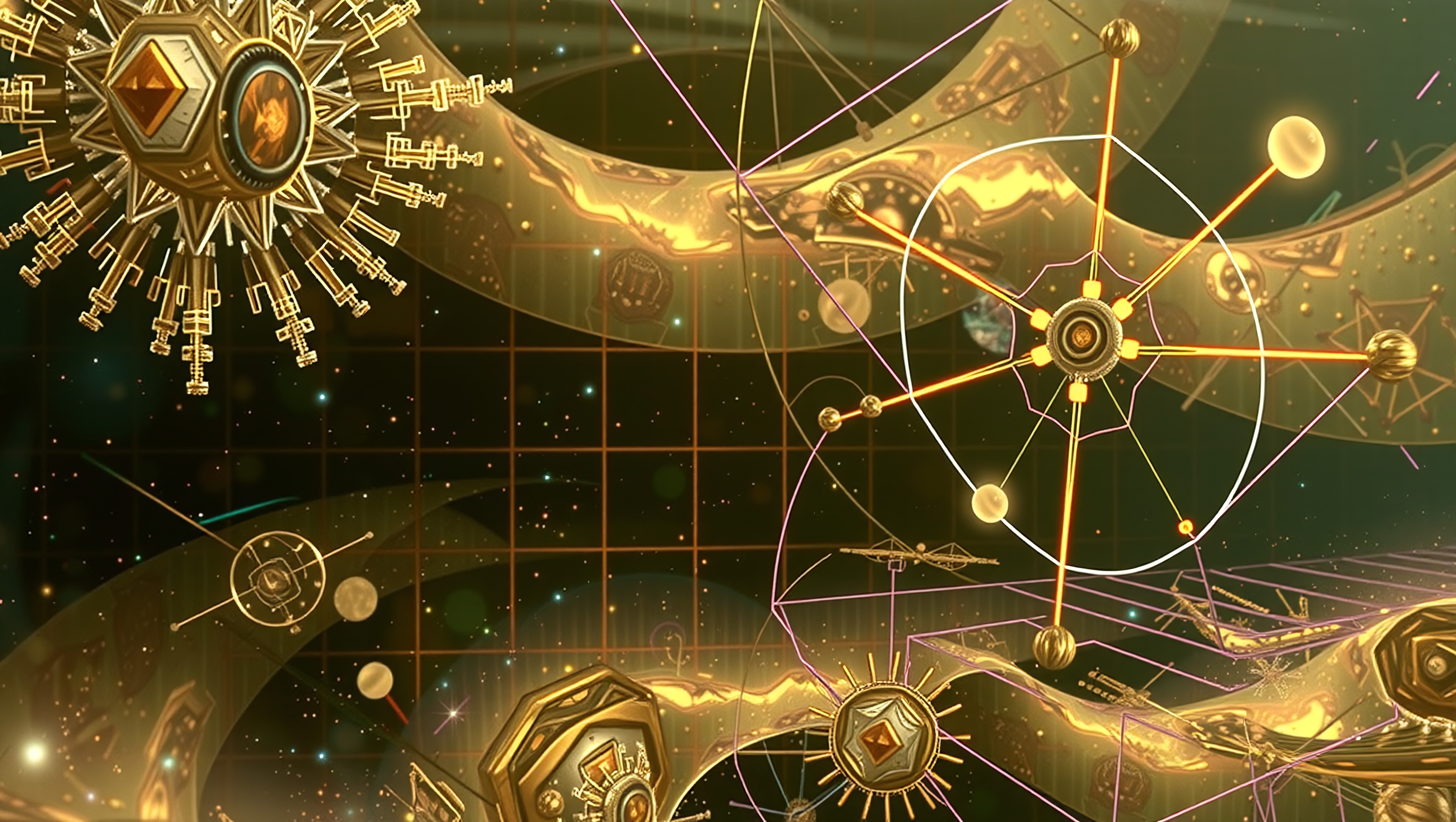 Intricate cosmic design featuring geometric shapes and glowing golden elements within a textured grid background.