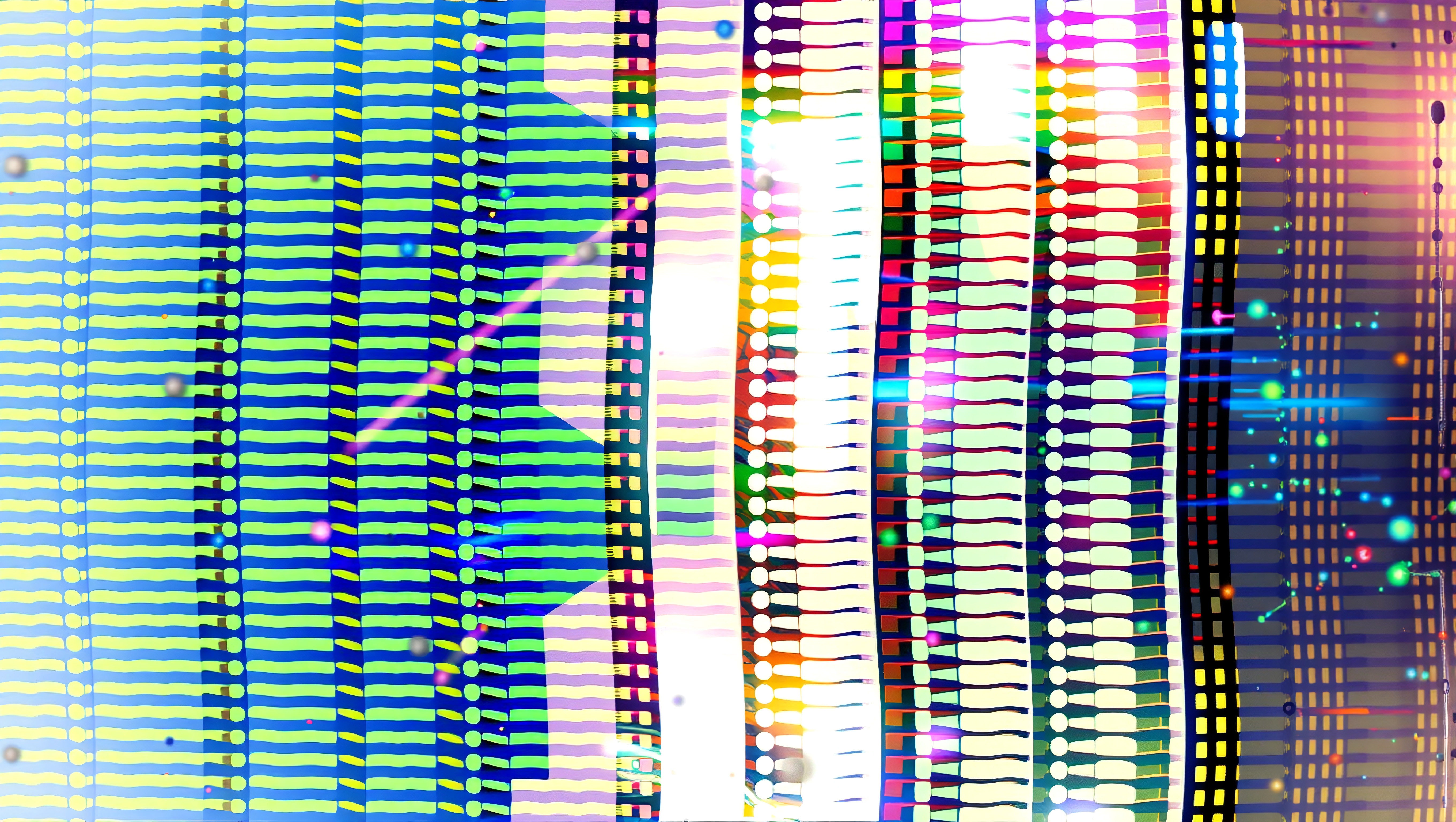 An abstract artwork featuring vibrant geometric patterns in bright blues, greens, and other colors, with intricate designs and a dynamic composition.